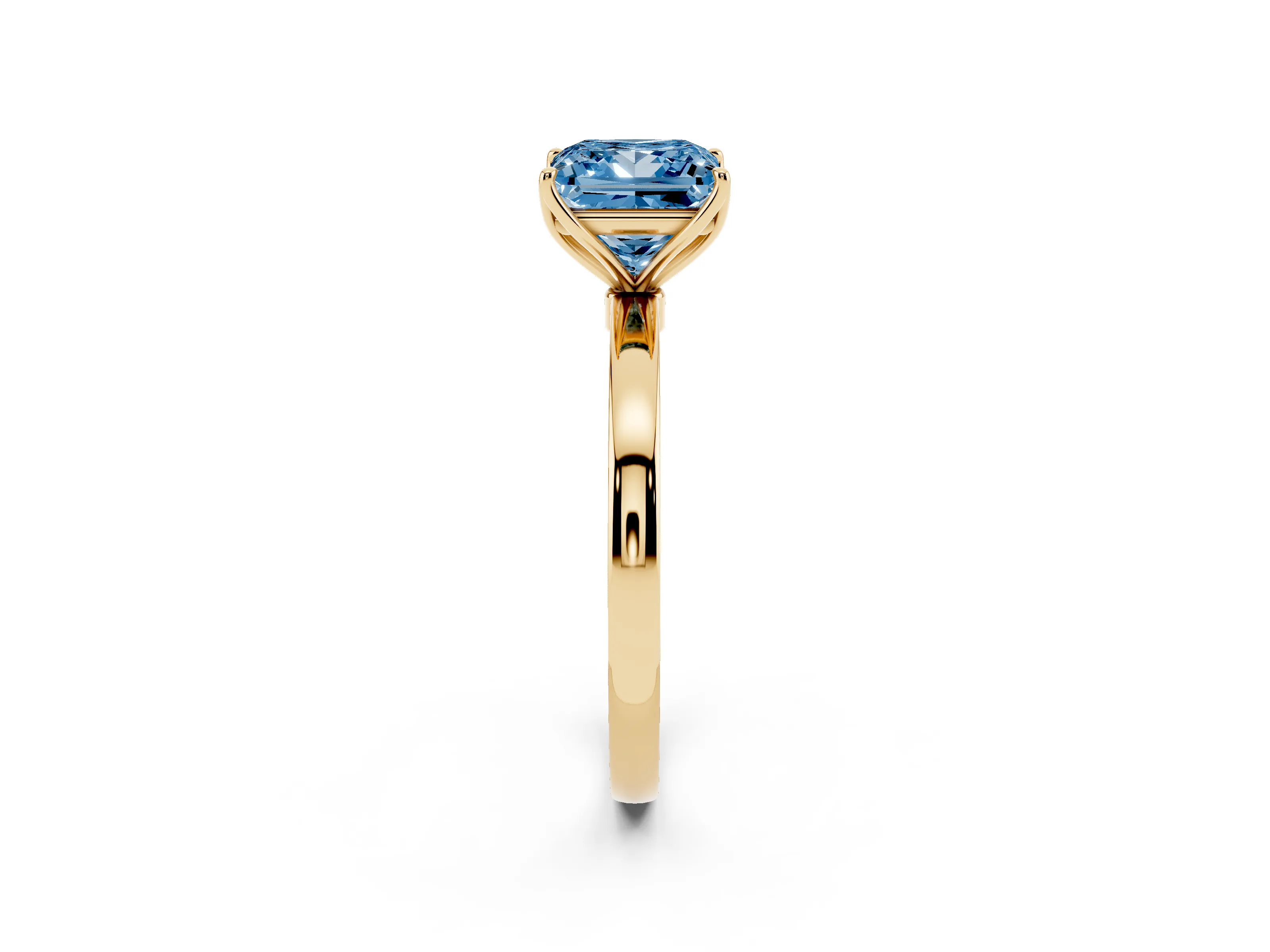 Fancy Blue Princess Cut Diamond Solitaire Ring Set in Yellow gold with Prong Setting and Thin Polished Band