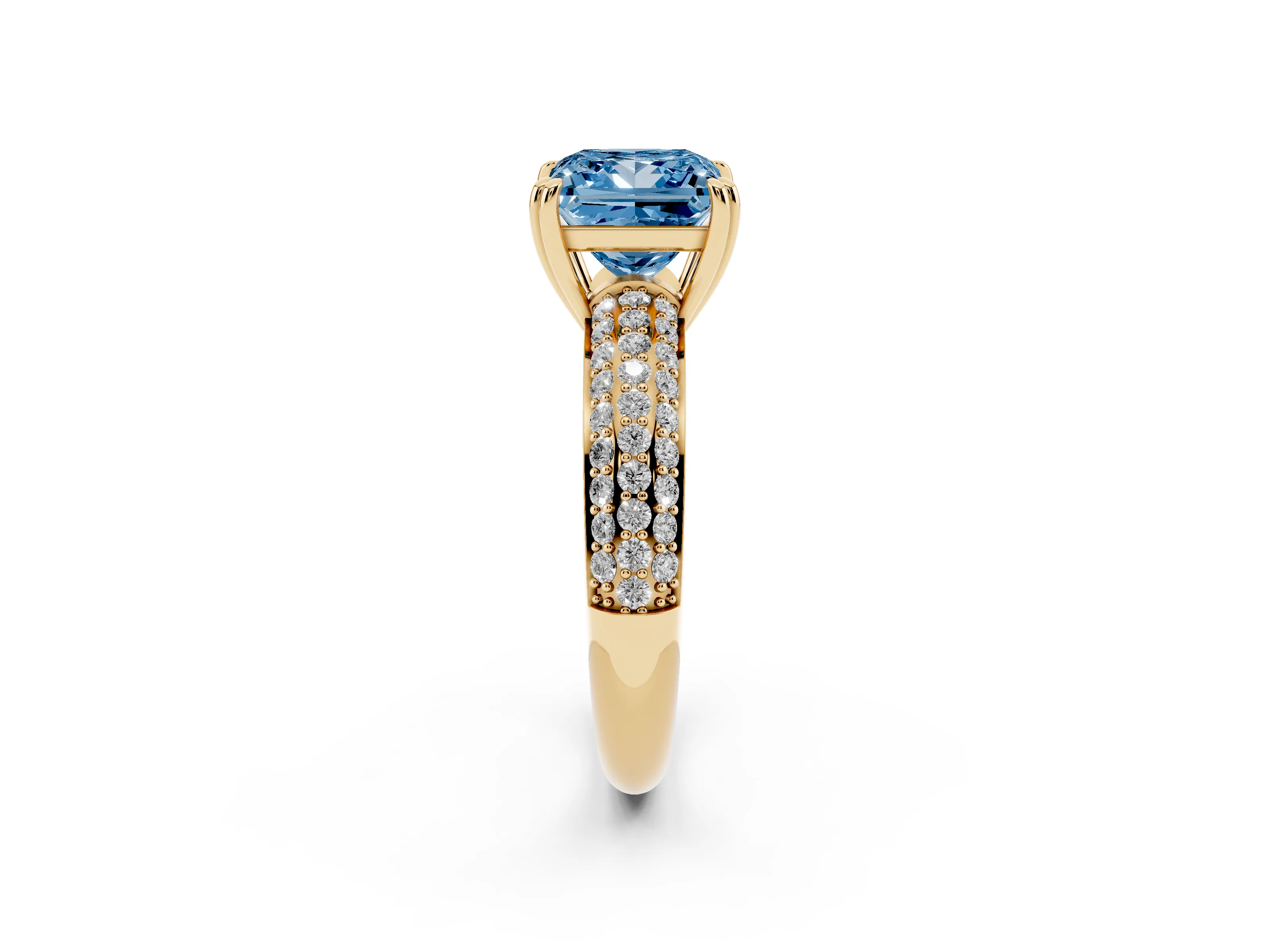 Fancy Blue Princess Cut Diamond Solitaire Ring Set in Yellow gold with Multi-Row Round Pavé Band and Prong Setting