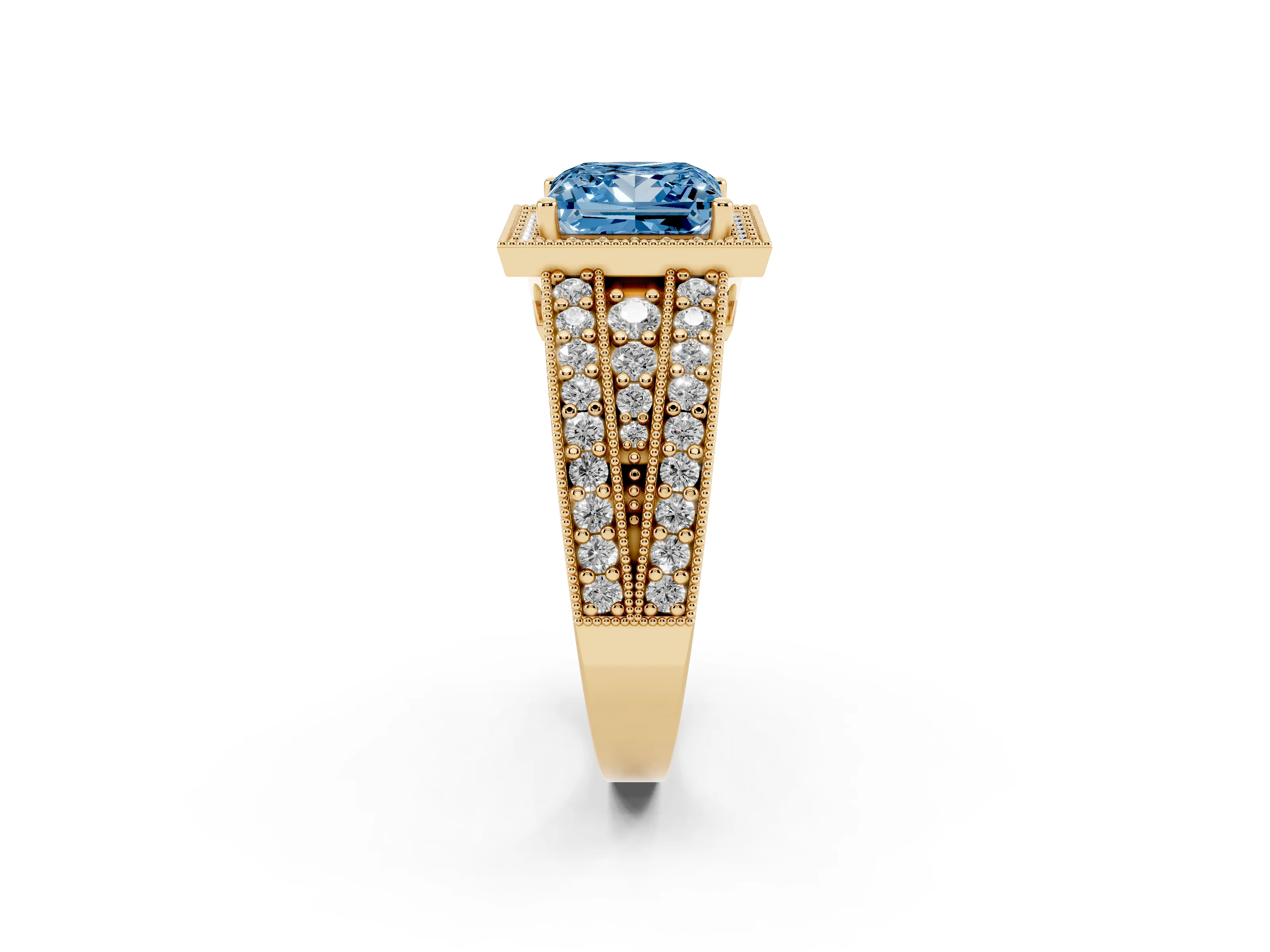 Fancy Blue Princess Cut Diamond Halo Ring Set in Yellow gold with Accent Split Shank and Prong Setting