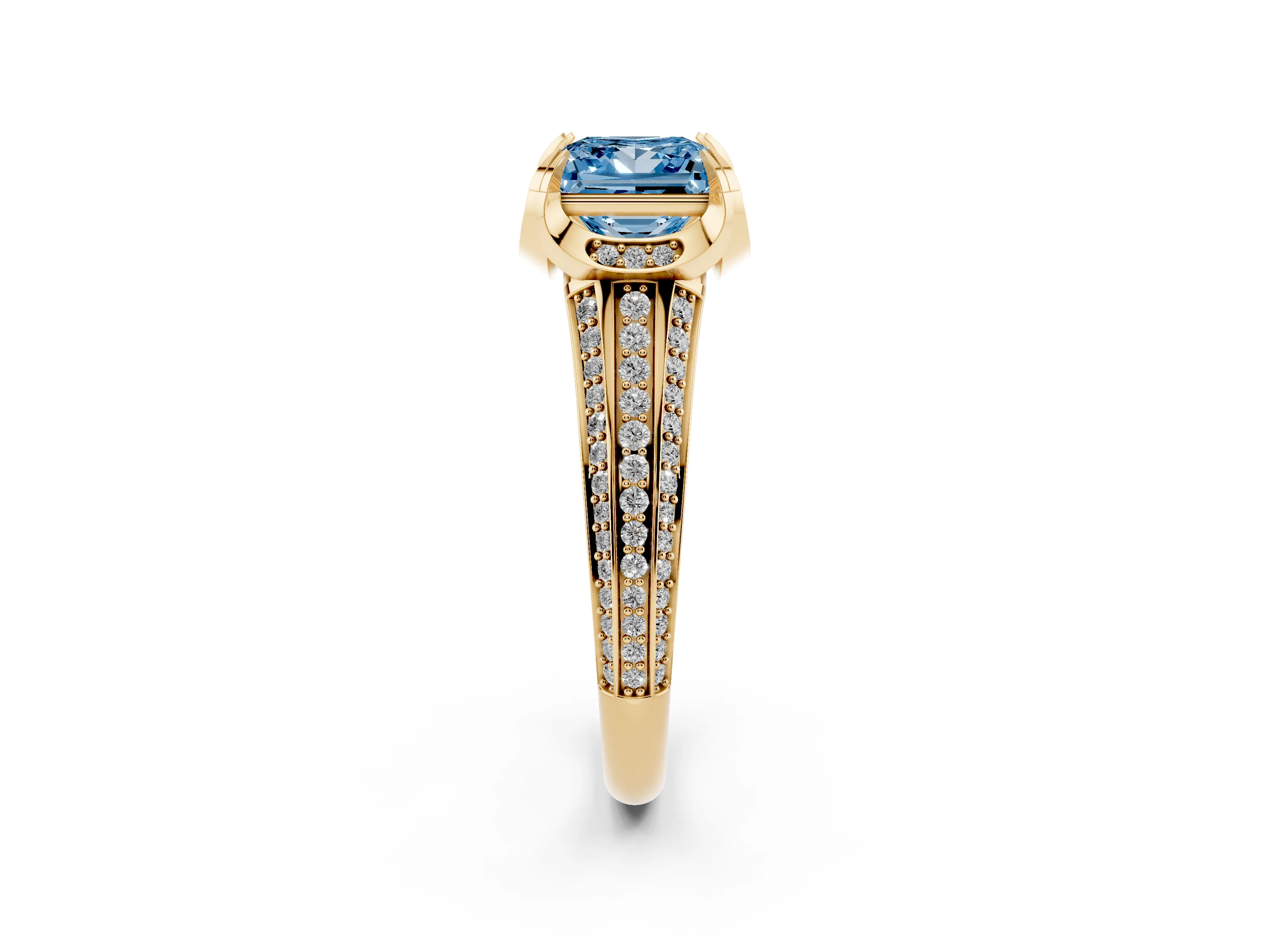 Fancy Blue Princess Cut Diamond Pavé Split Shank Solitaire Ring Set in Yellow gold with Prong Setting