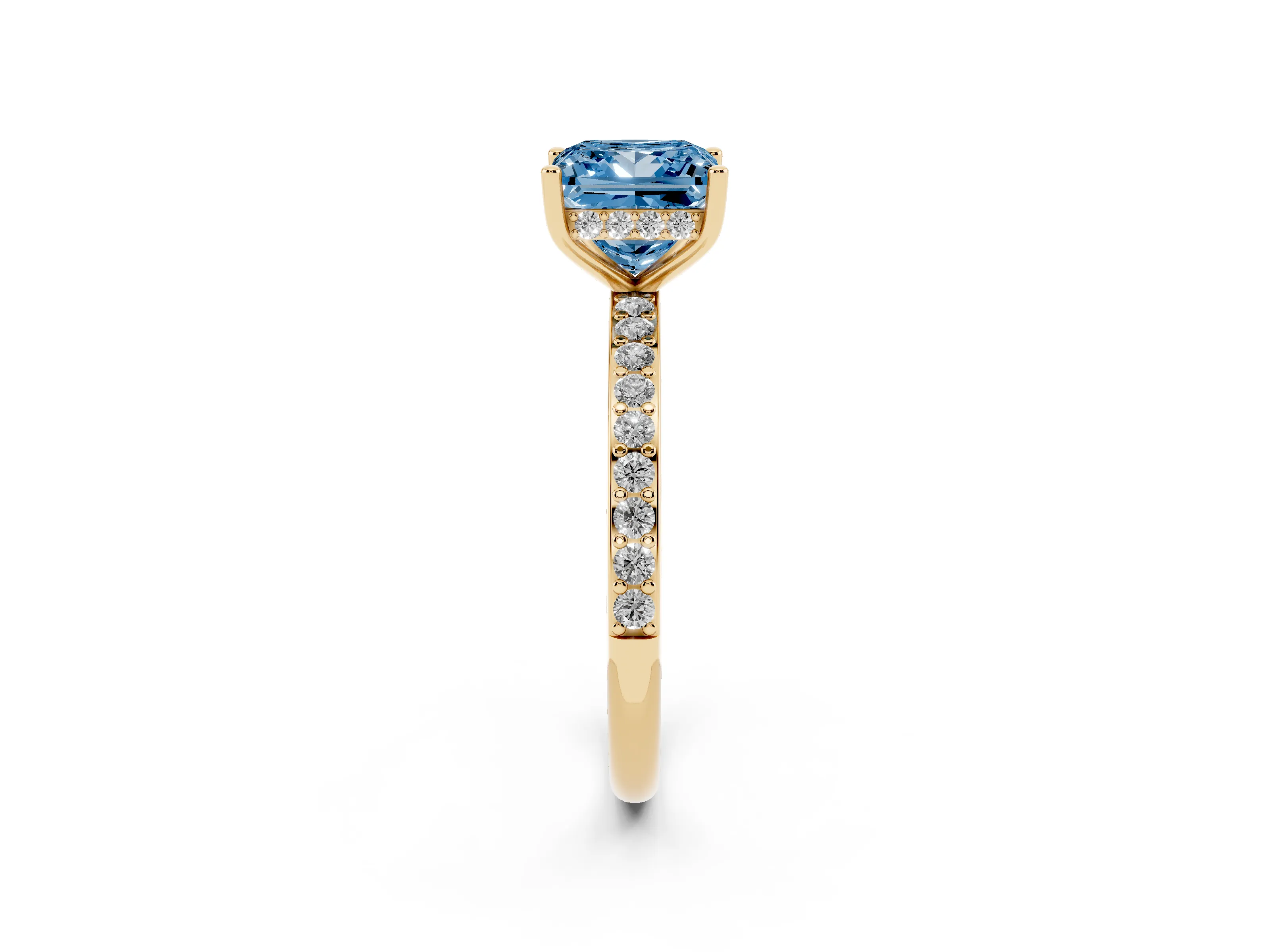 Fancy Blue Princess Cut Diamond Pavé Band Ring Set in Yellow gold with Prong-Set Center Stone