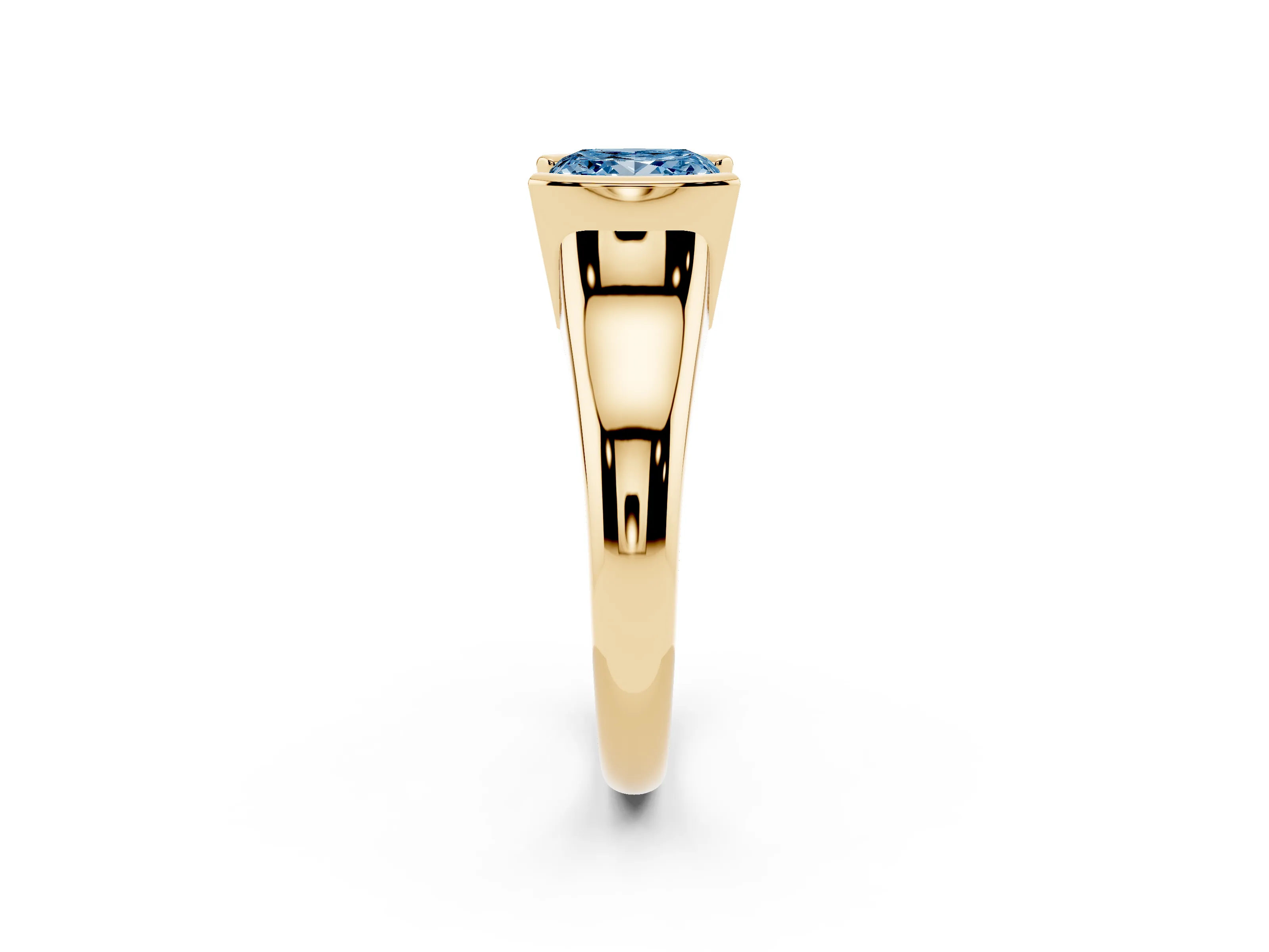 Fancy Blue Princess Cut Diamond Solitaire Tension Set Ring Set in Yellow gold with Split Shank Band