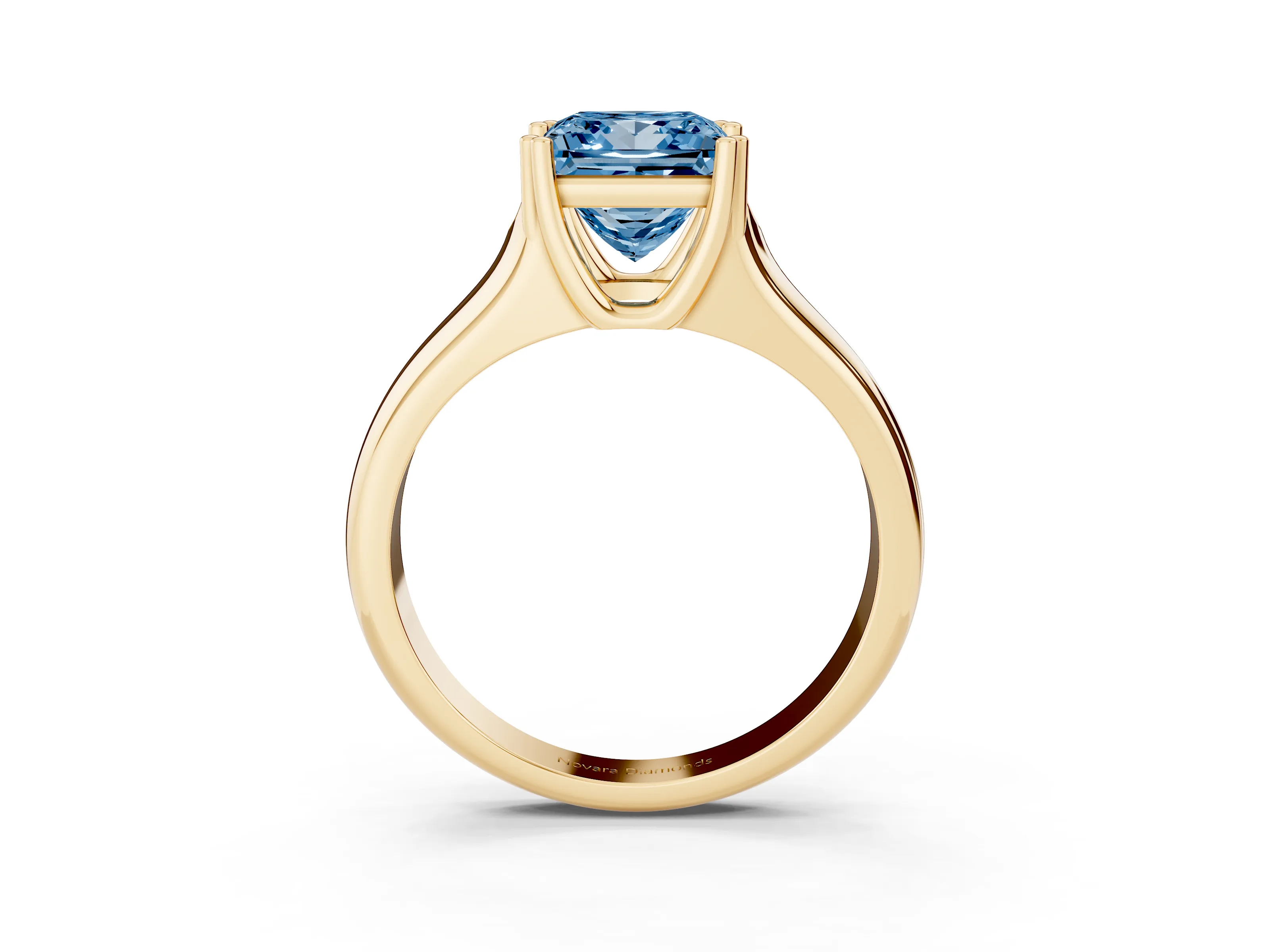 Fancy Blue Princess Cut Diamond Solitaire Ring Set in Yellow gold with Wide Band and Prong Setting
