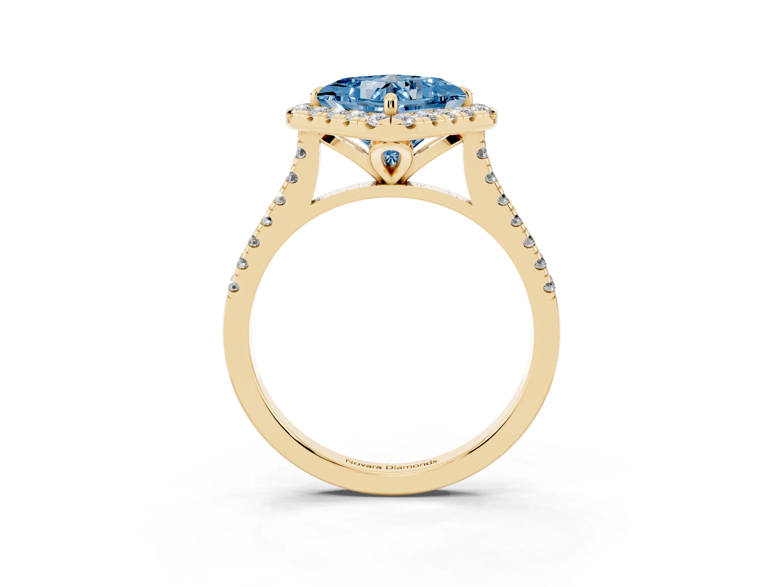 Fancy Blue Princess Cut Diamond Cushion Halo Ring Set in Yellow gold with Pavé Band