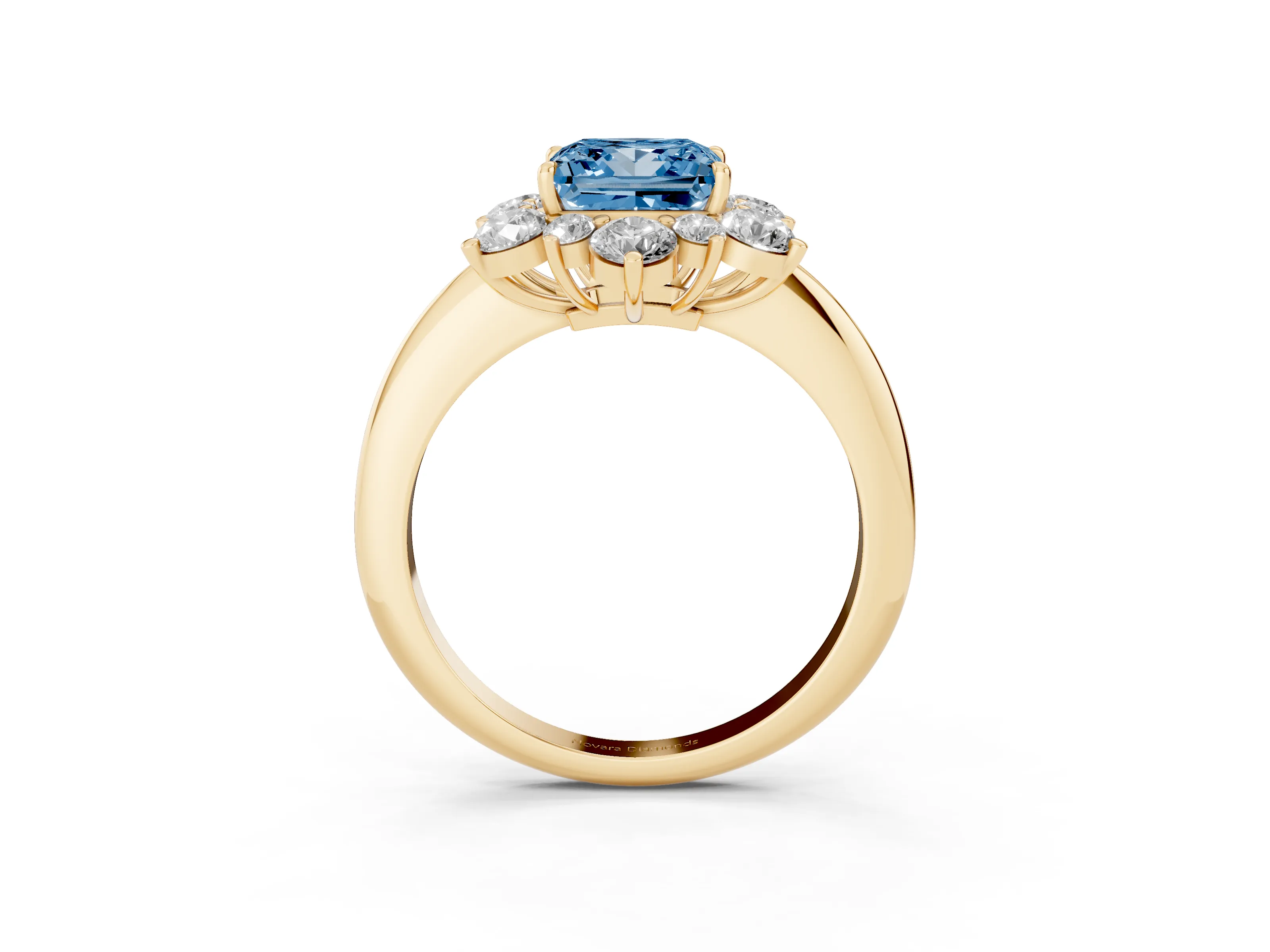 Fancy Blue Princess Cut Diamond Cluster Halo Ring Set in Yellow gold with Solitaire Band and Prong Setting