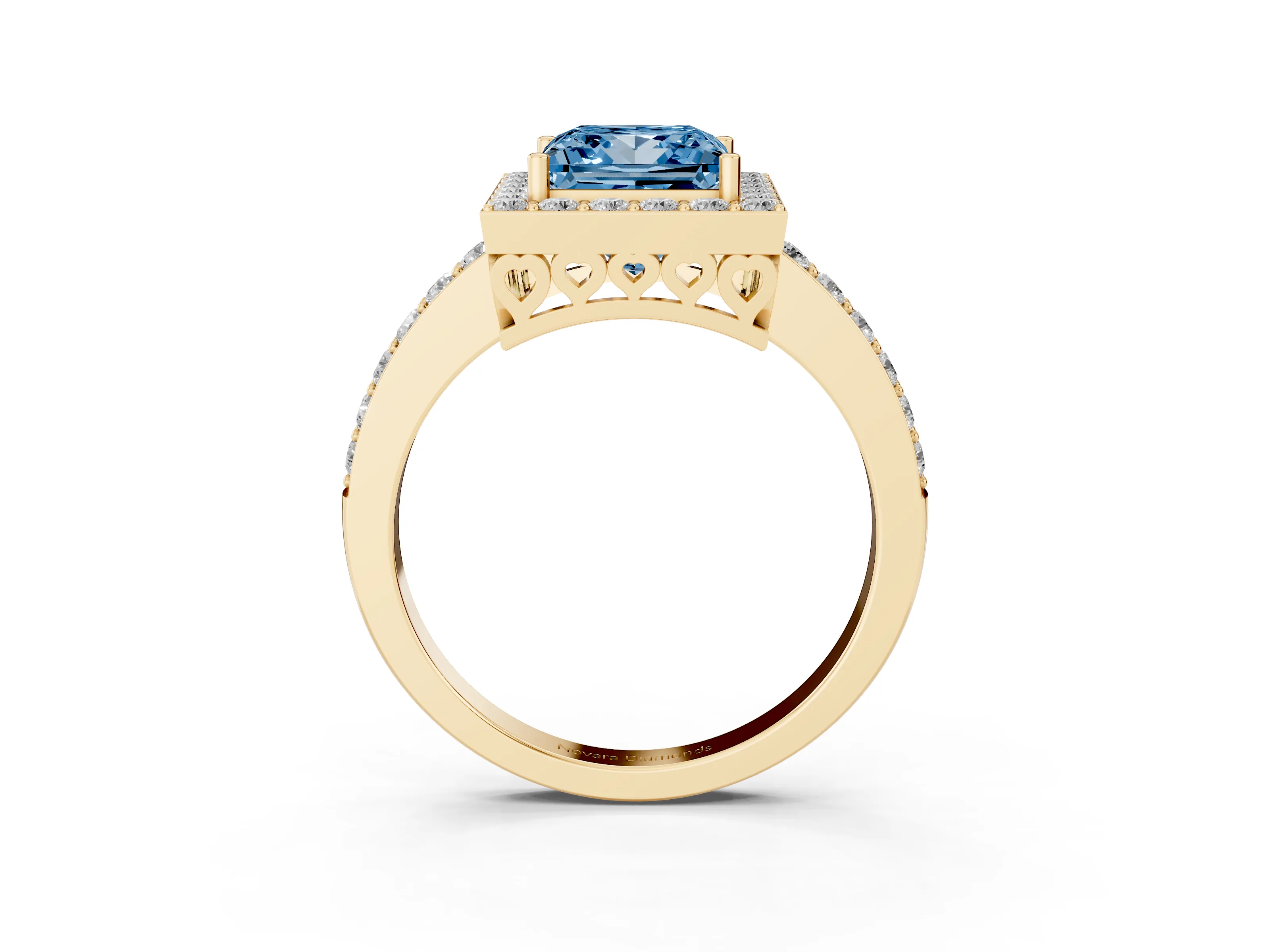 Fancy Blue Princess Cut Diamond Halo Ring Set in Yellow gold with Pavé-Setting Band and Open Prong Center