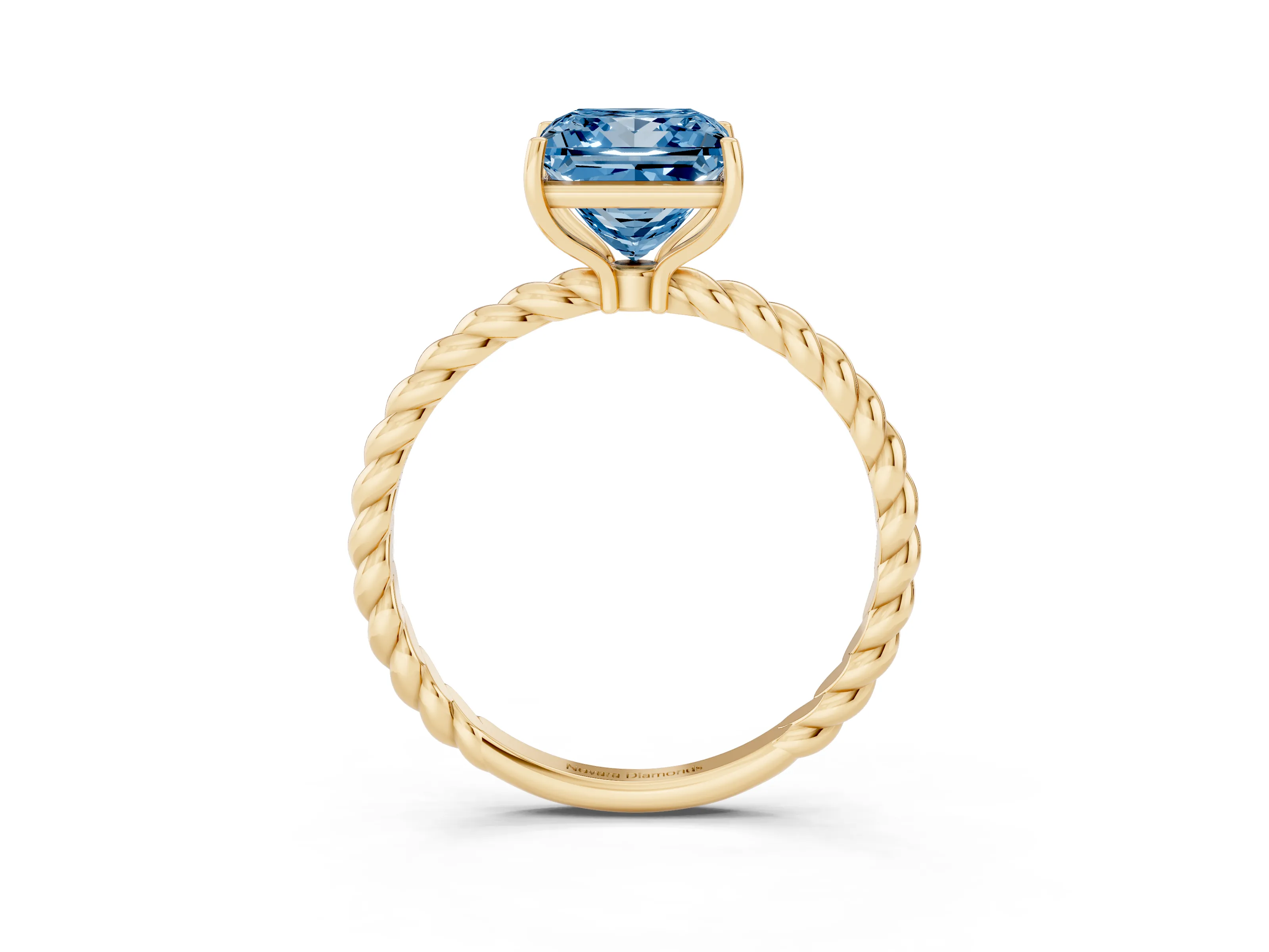 Fancy Blue Princess Cut Diamond Solitaire Ring Set in Yellow gold with Twist Band and Prong Setting
