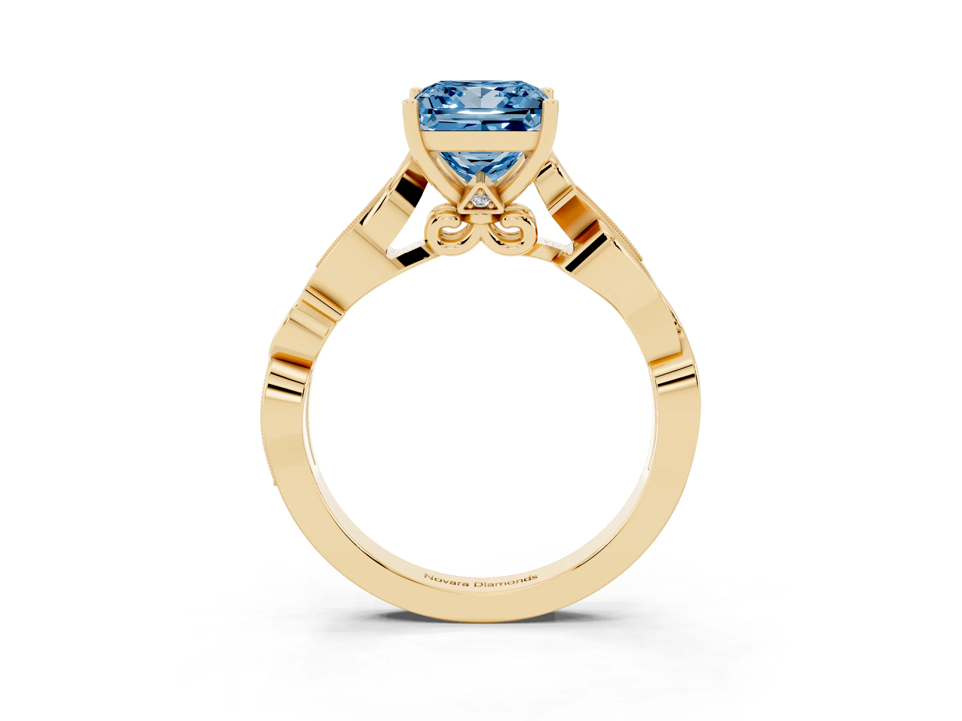 Fancy Blue Princess Cut Diamond Vine Band Solitaire Ring Set in Yellow gold with Milgrain Prong Setting