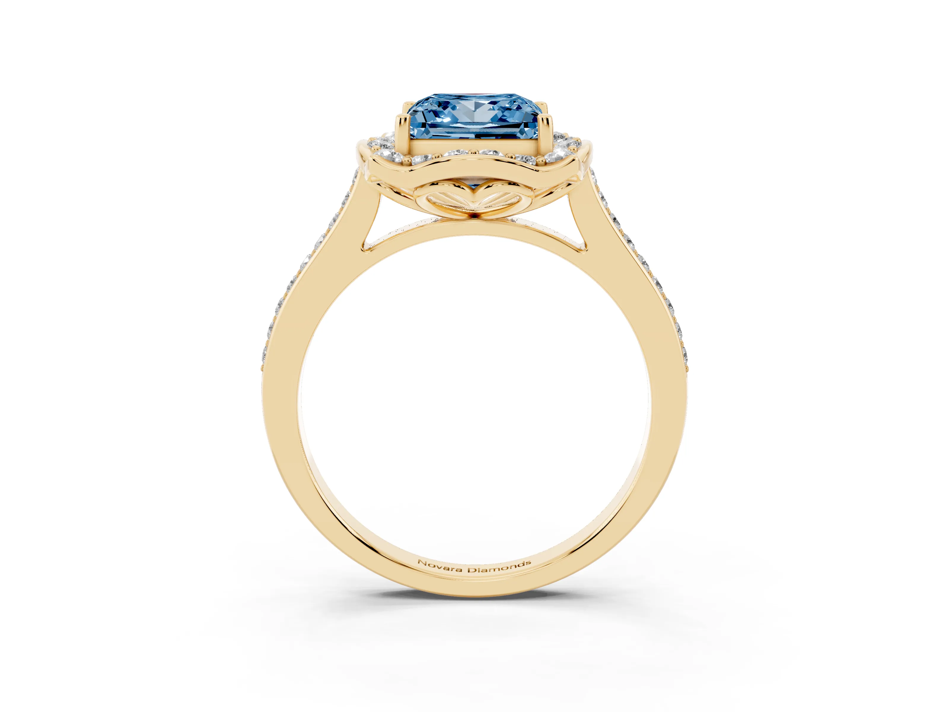 Fancy Blue Princess Cut Diamond Halo Ring Set in Yellow gold with Pavé-Lined Shoulders and Prong Setting