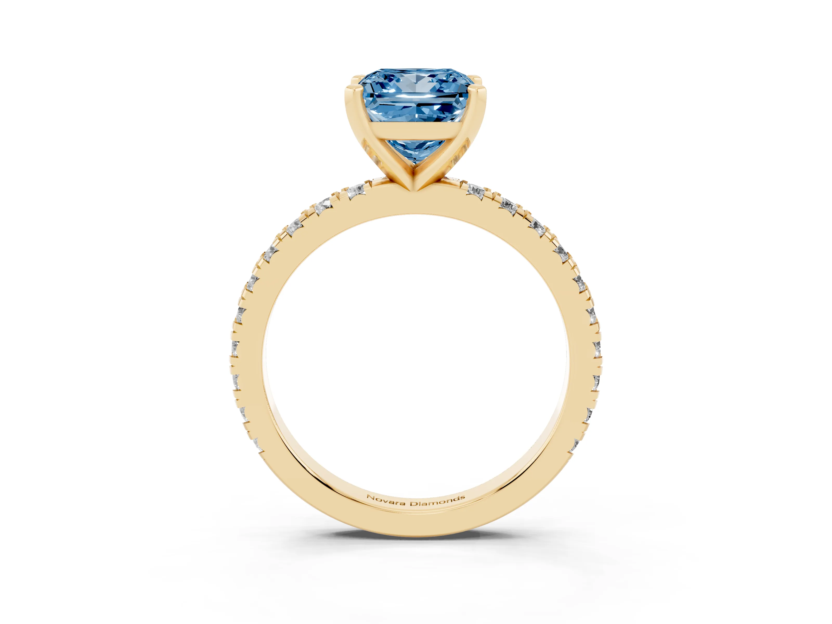 Fancy Blue Princess Cut Diamond Pavé Band Solitaire Set in Yellow gold with Prong Setting