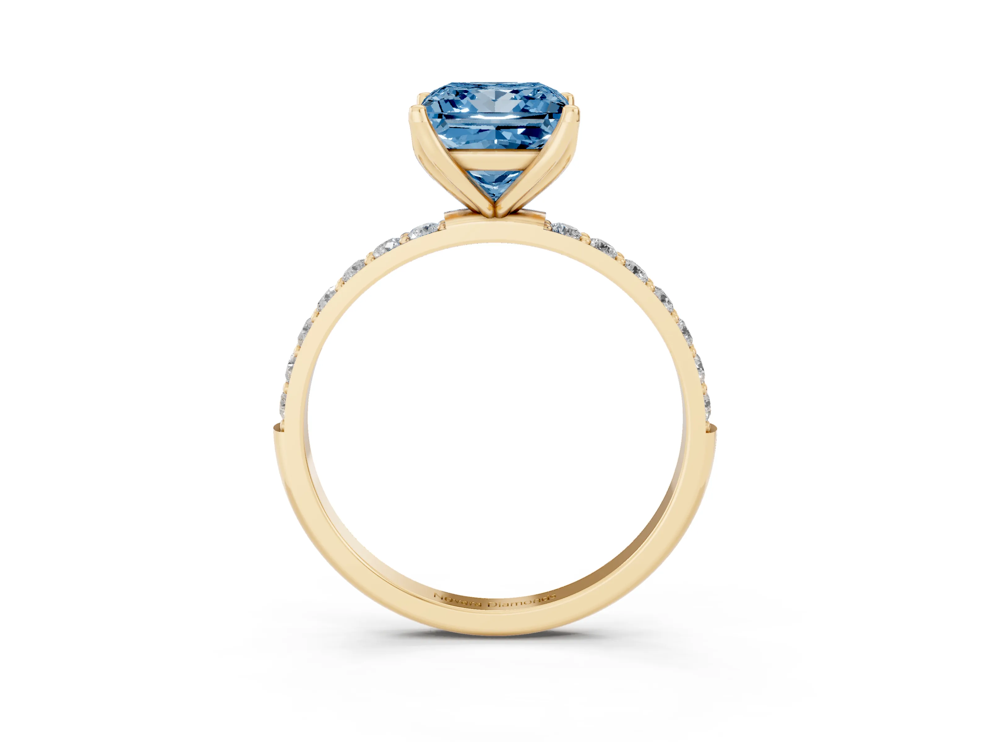Fancy Blue Princess Cut Diamond Solitaire Engagement Ring Set in Yellow gold with Round Pavé Band and Prong Setting