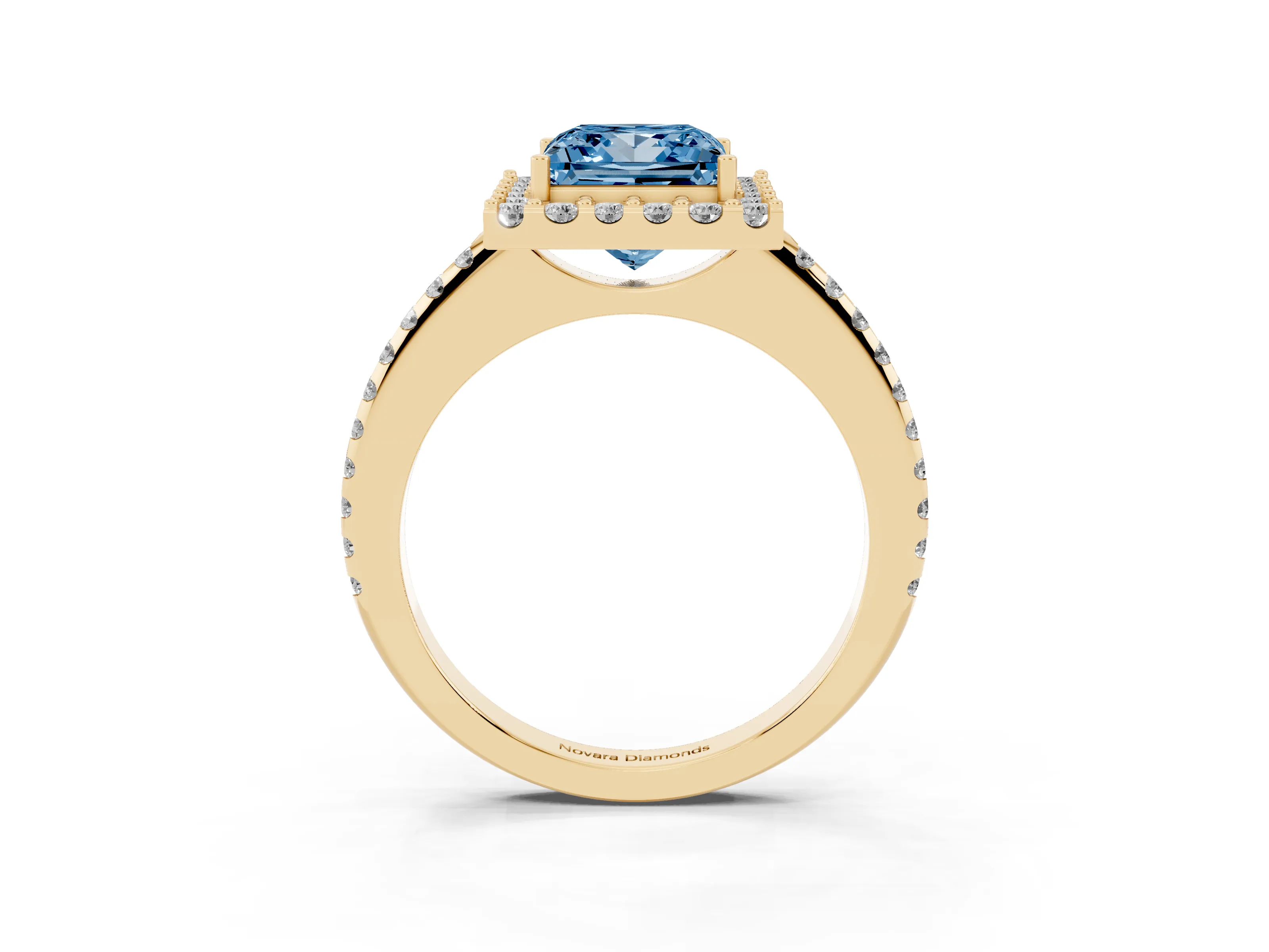 Fancy Blue Princess Cut Diamond Pavé Halo Ring Set in Yellow gold with Prong Setting