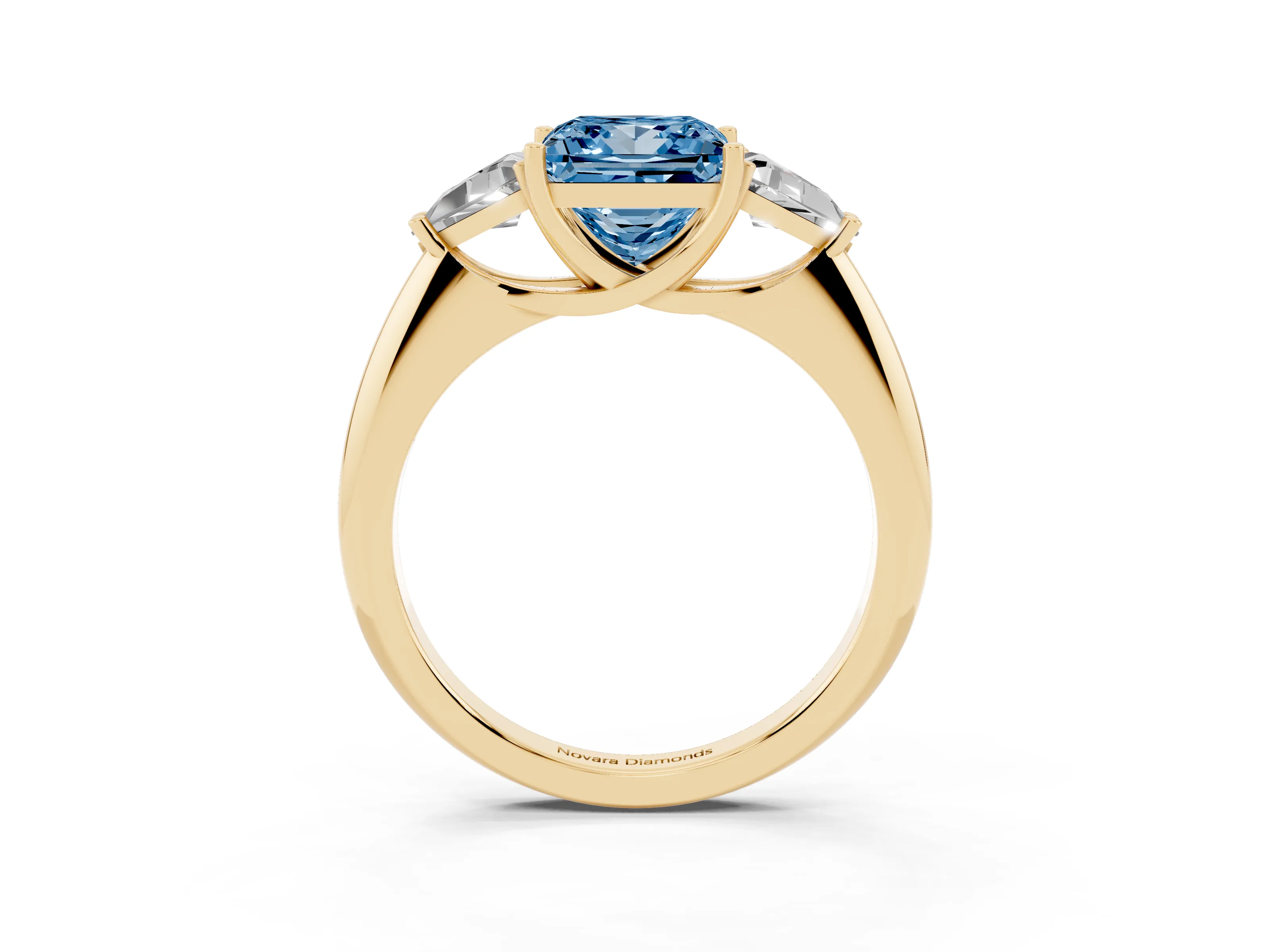 Fancy Blue Princess Cut Diamond Three-Stone Engagement Ring Set in Yellow gold with Trillion Side Stones