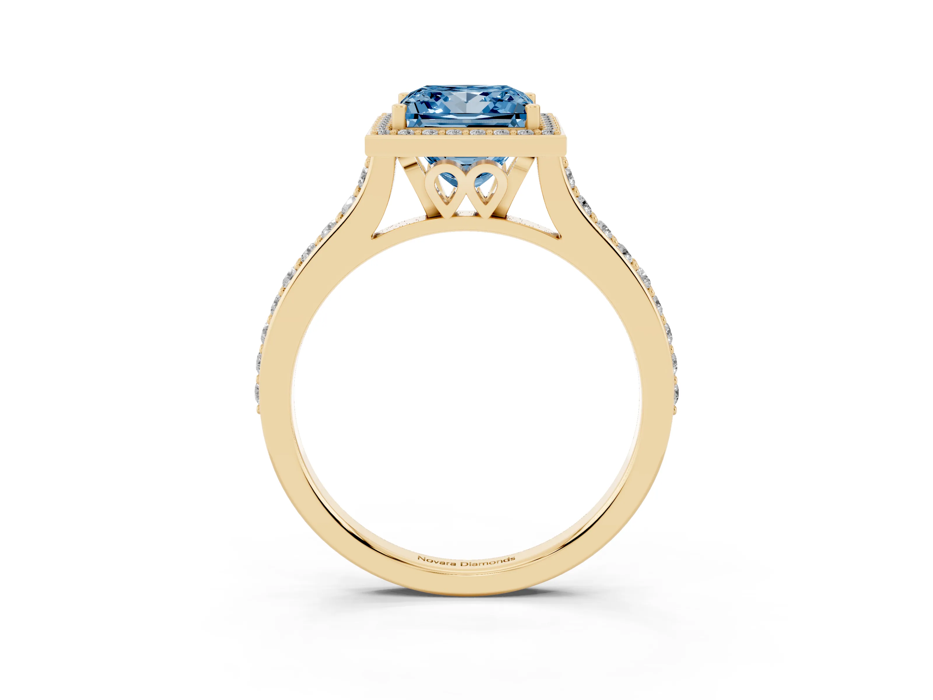 Fancy Blue Princess Cut Diamond Halo Engagement Ring Set in Yellow gold with Round Pavé Shoulders and Heart Gallery