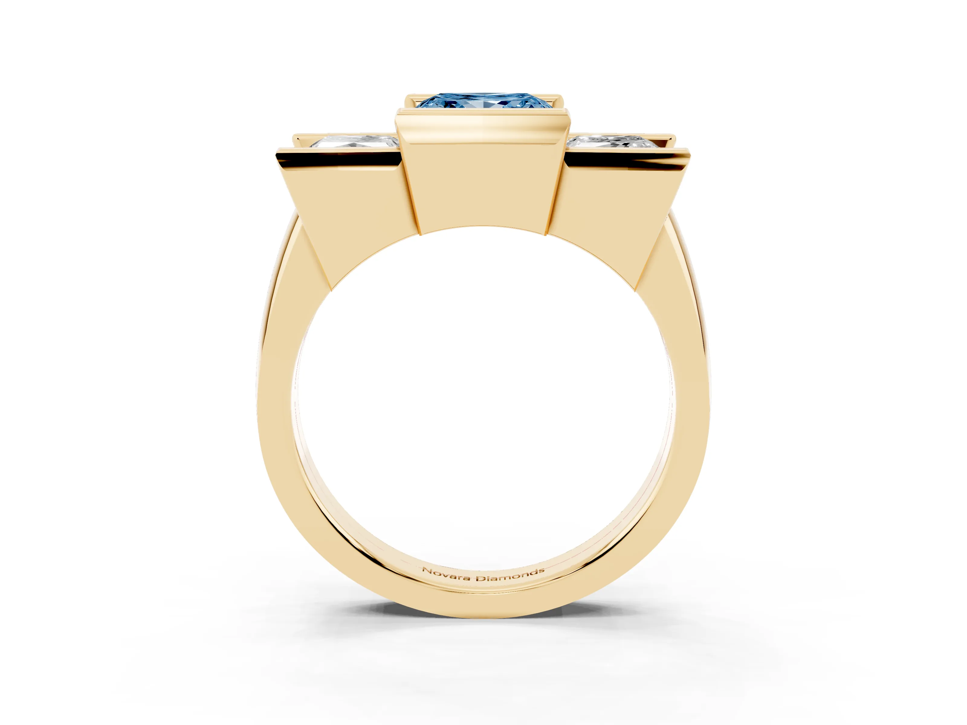 Fancy Blue Princess Cut Diamond Three-Stone Channel Set Ring Set in Yellow gold with Smooth Polished Band