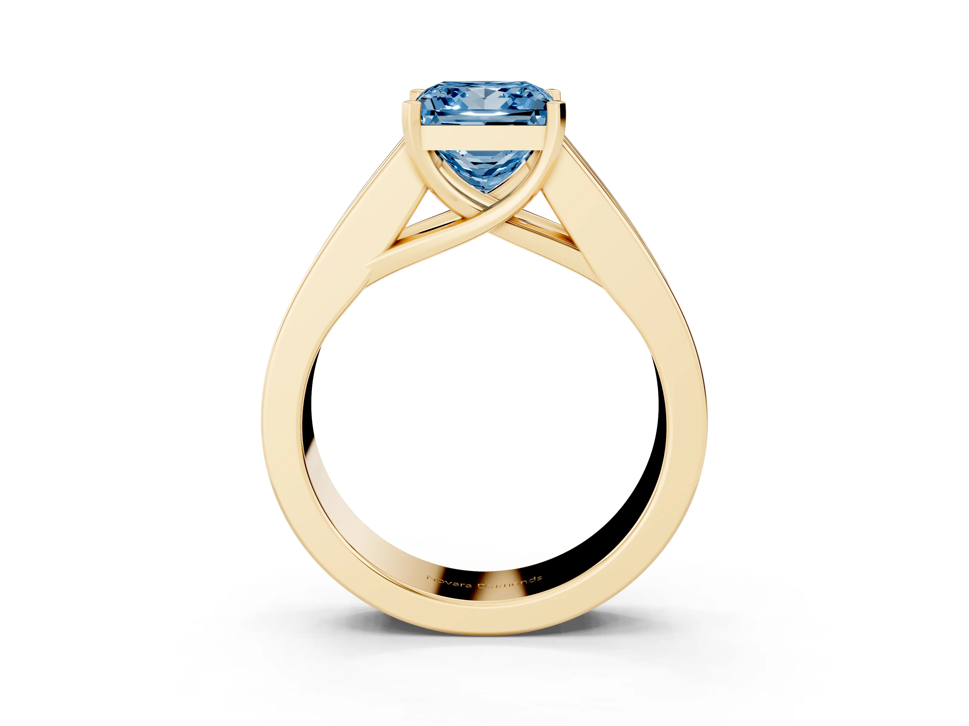 Fancy Blue Princess Cut Diamond Solitaire Ring Set in Yellow gold with Channel-Set Accent Stones and Prong Setting