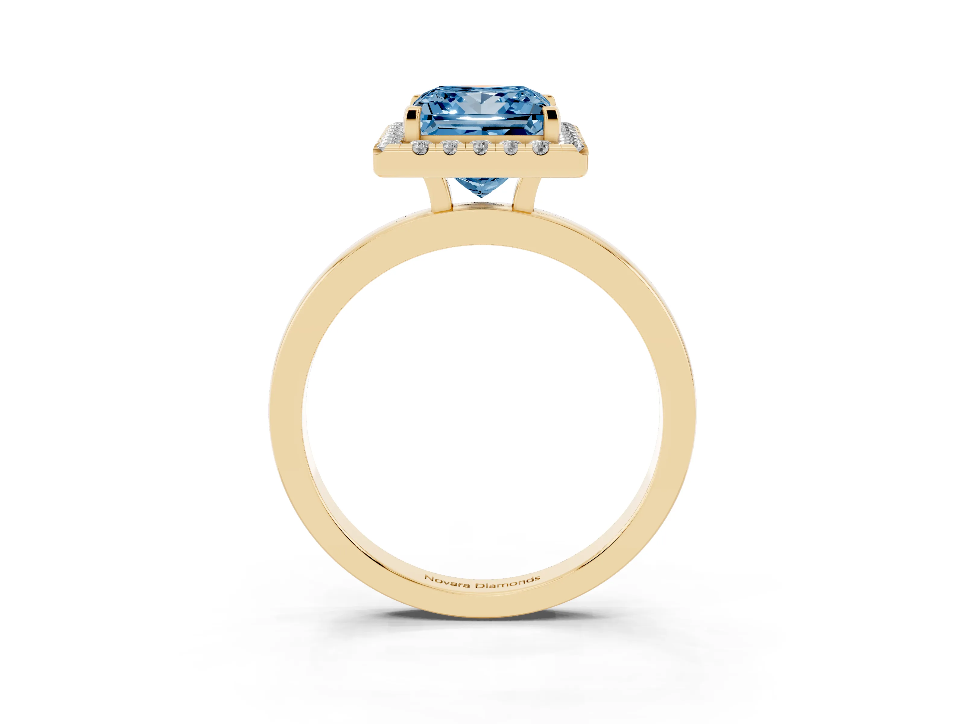 Fancy Blue Princess Cut Diamond Halo Solitaire Ring Set in Yellow gold with Pavé Band and Prong Setting