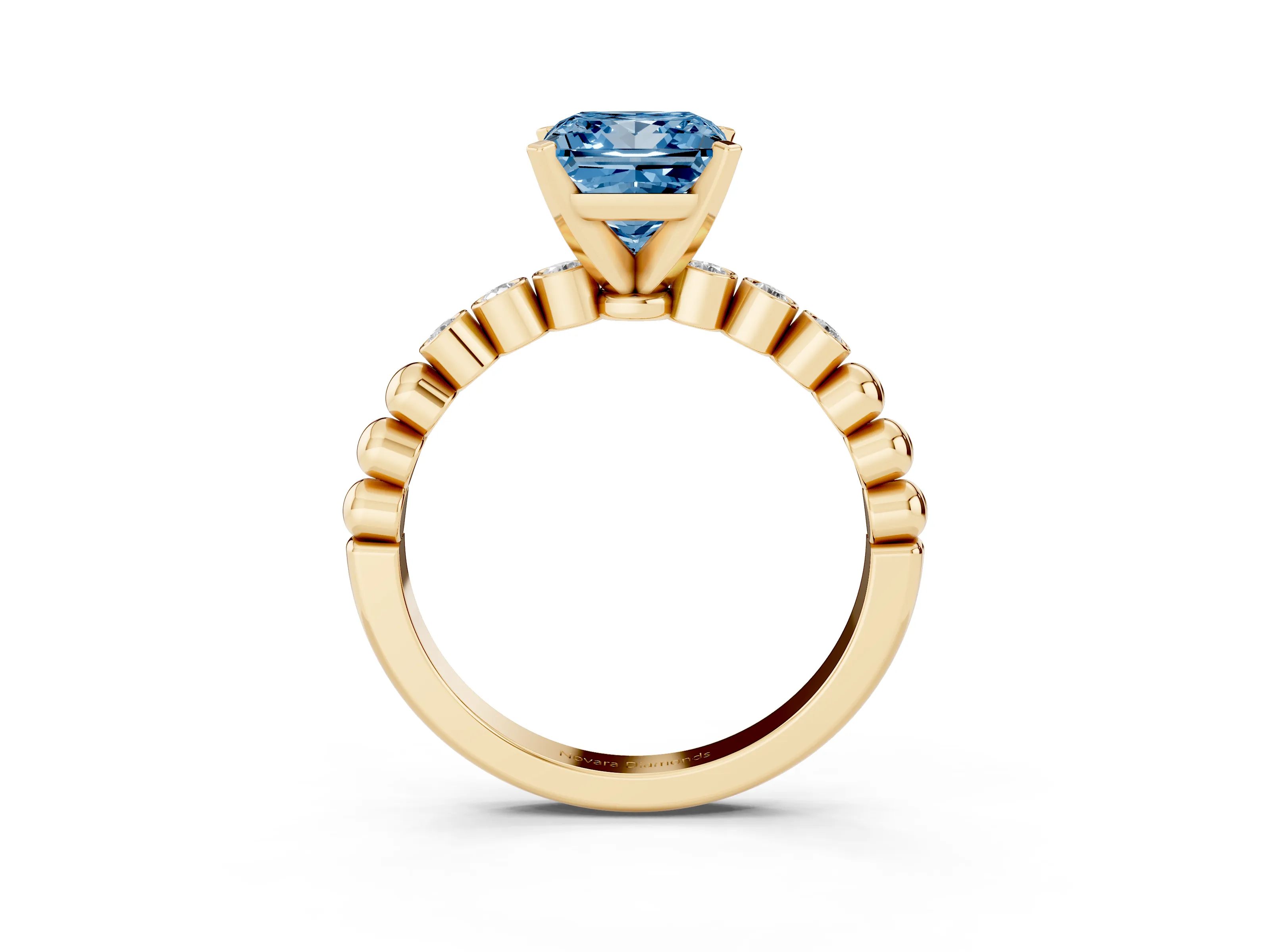 Fancy Blue Princess Cut Diamond Solitaire Engagement Ring Set in Yellow gold with Bezel Accents on Beaded Band