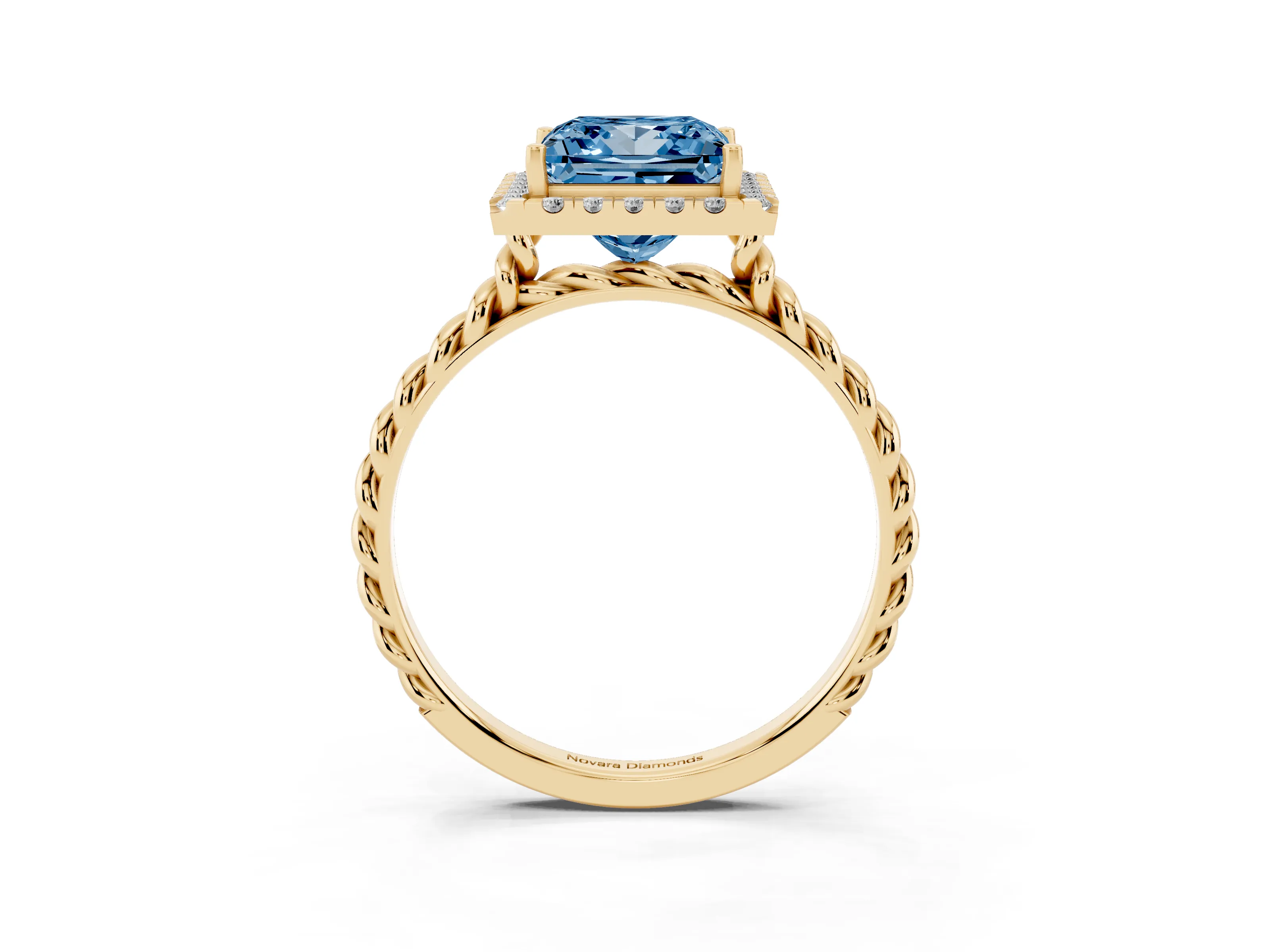Fancy Blue Princess Cut Diamond Halo Ring Set in Yellow gold with Plain Twisted Band