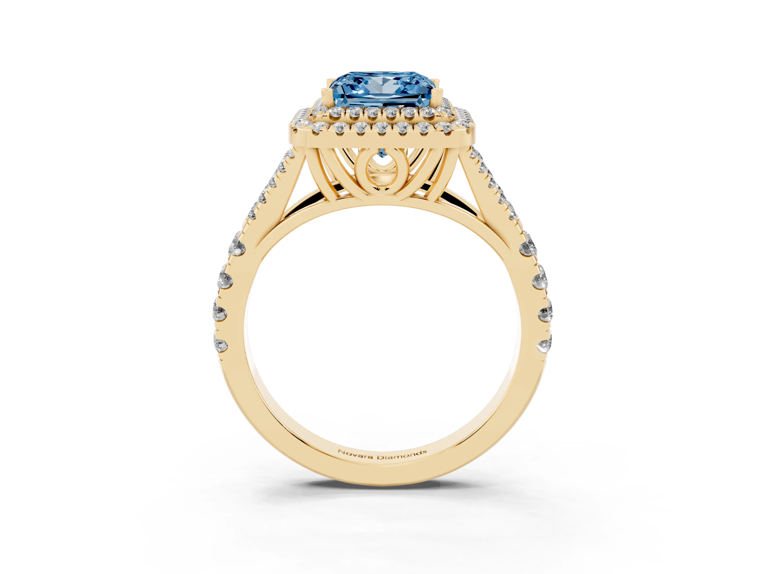 Fancy Blue Princess Cut Diamond Pavé Split Shank Double Halo Engagement Ring Set in Yellow gold