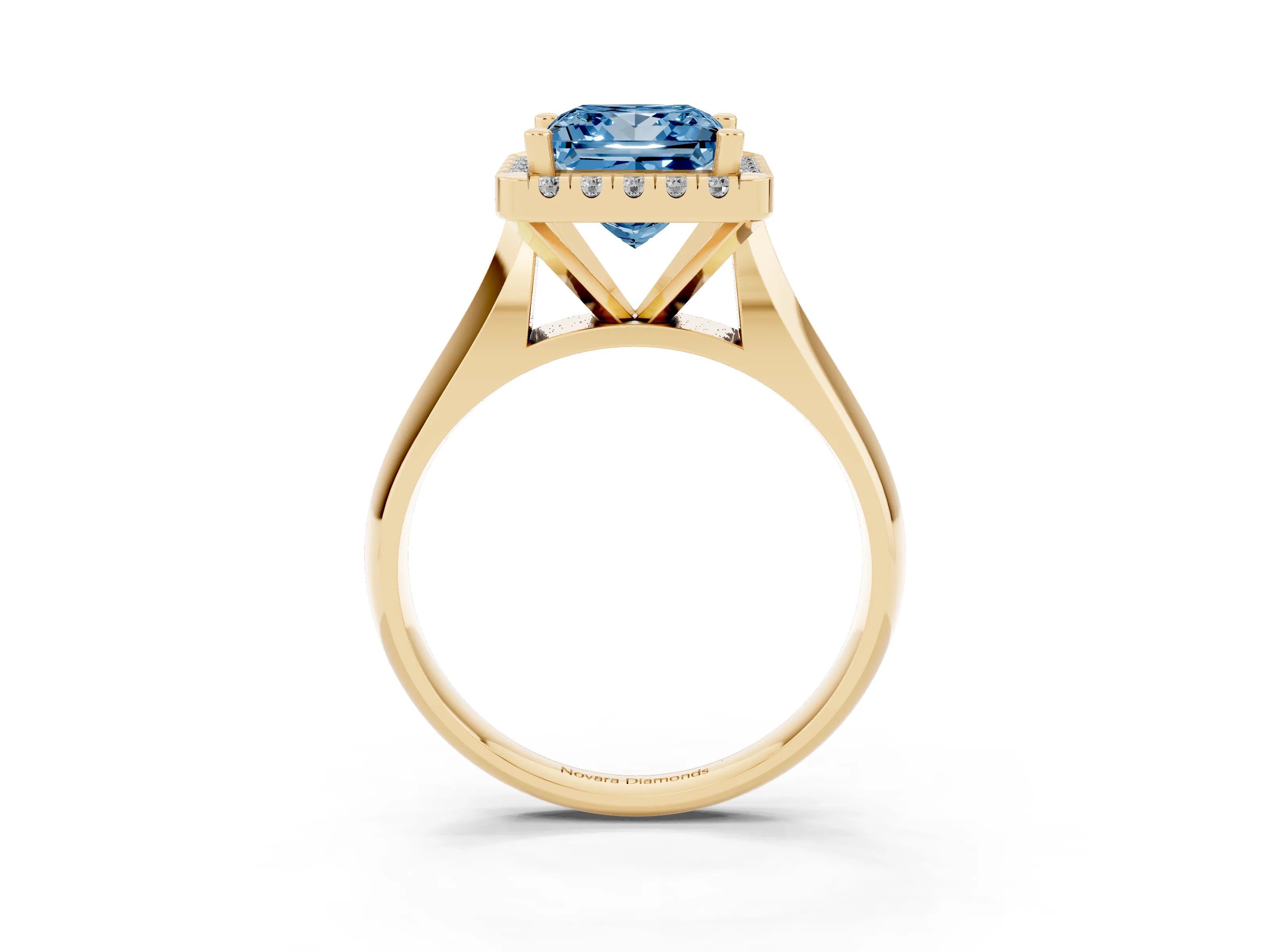 Fancy Blue Princess Cut Diamond Halo Solitaire Engagement Ring Set in Yellow gold with Square Band and Prong Setting