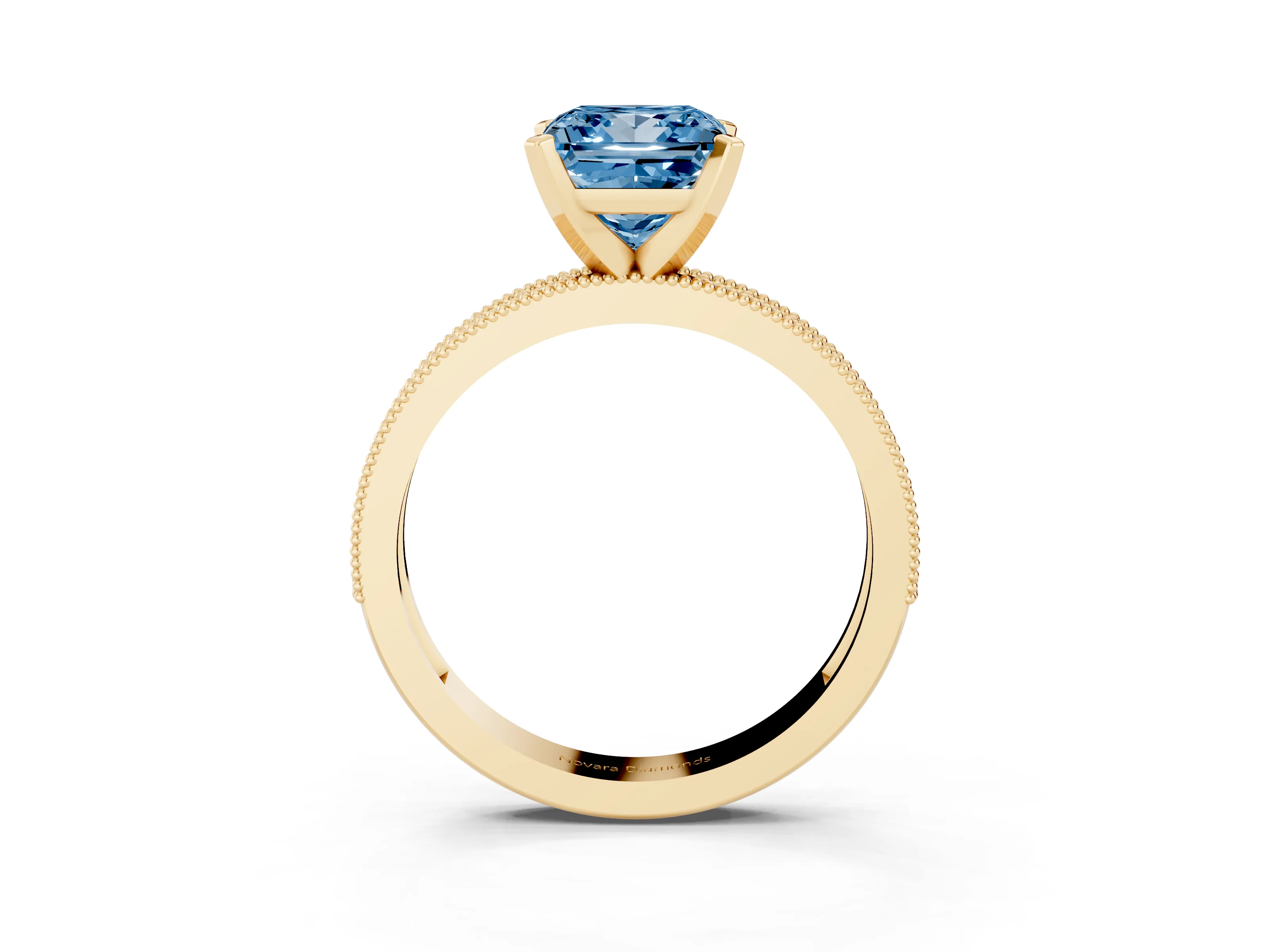 Fancy Blue Princess Cut Diamond Milgrain Pavé Engagement Ring Set in Yellow gold with Prong Setting