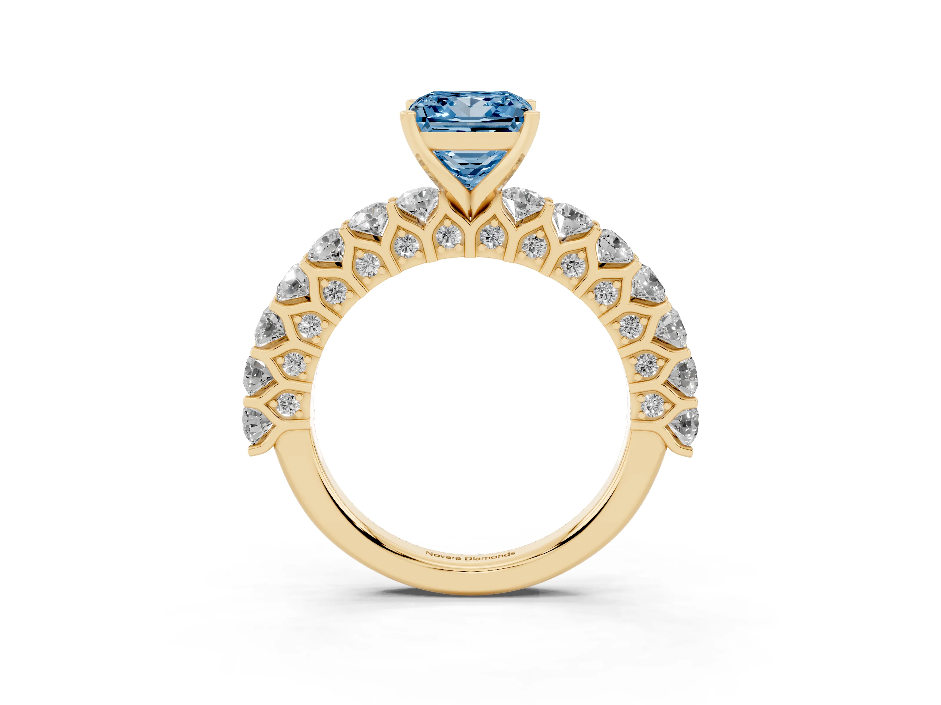 Fancy Blue Princess Cut Diamond Solitaire Ring Set in Yellow gold with Shared Prong Pavé Band