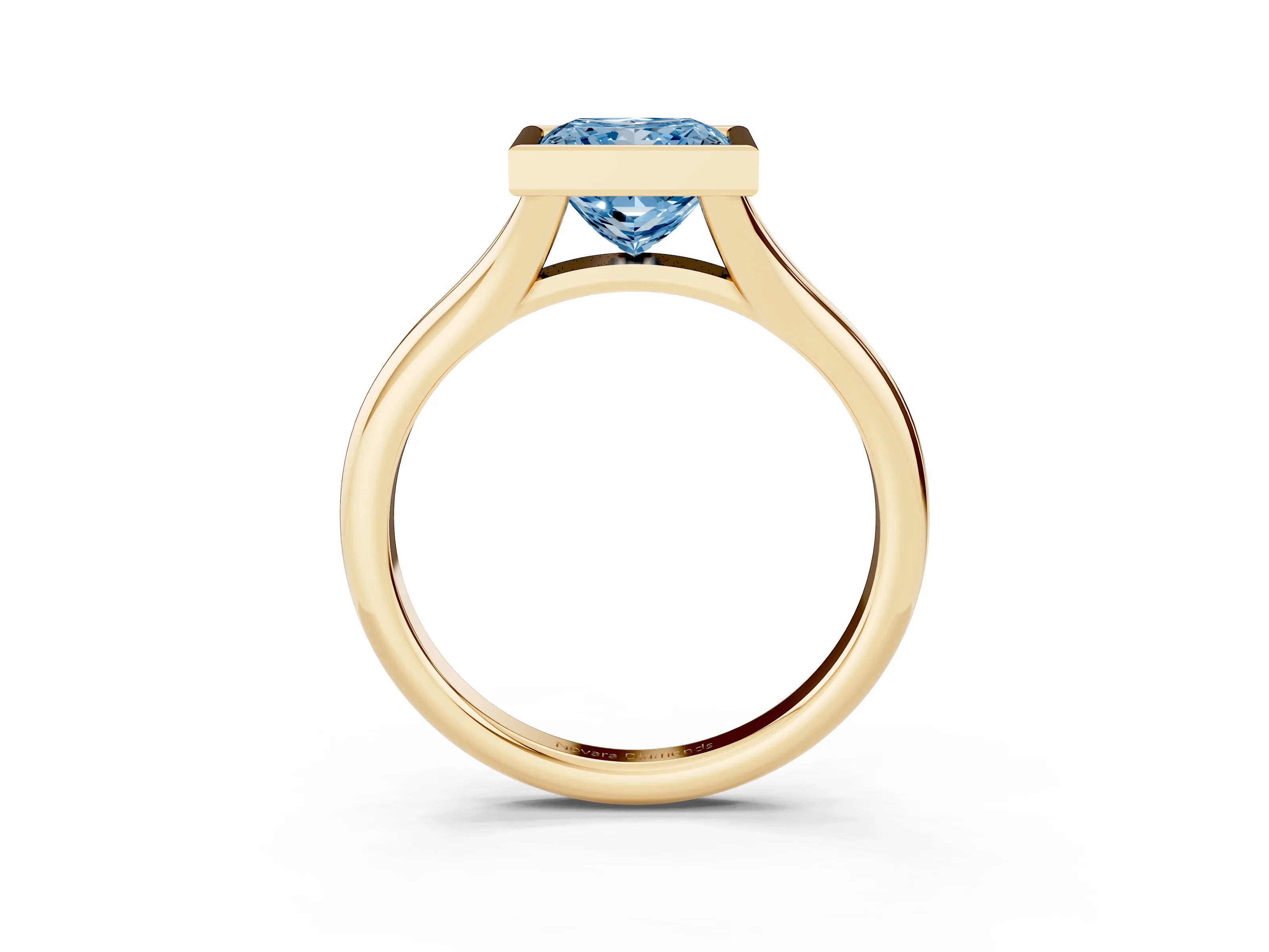 Fancy Blue Bezel Set Princess Cut Diamond Solitaire Ring Set in Yellow gold with Smooth Band