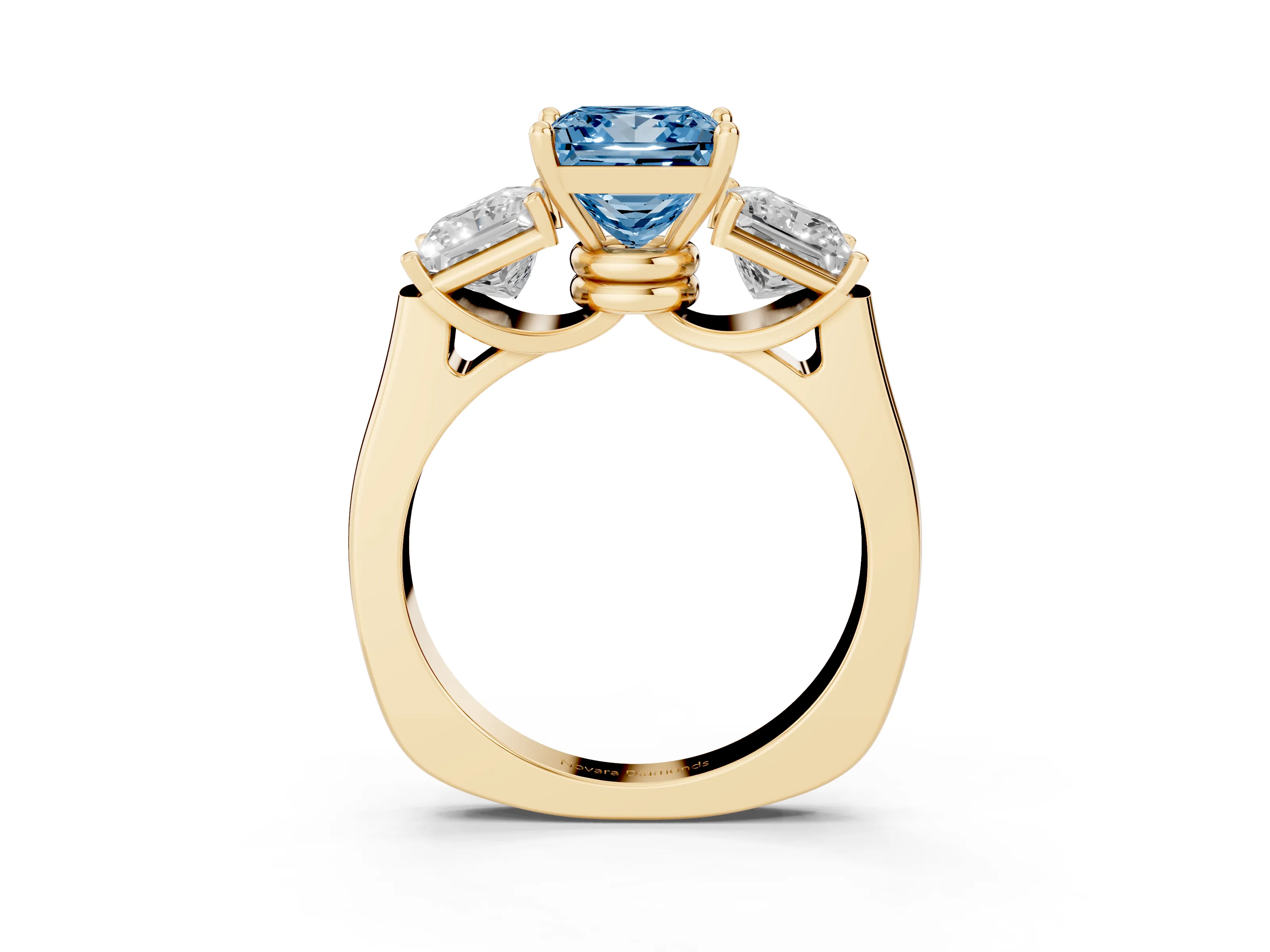 Fancy Blue Princess Cut Diamond Three-Stone Trellis Ring Set in Yellow gold with Comfort Fit Band