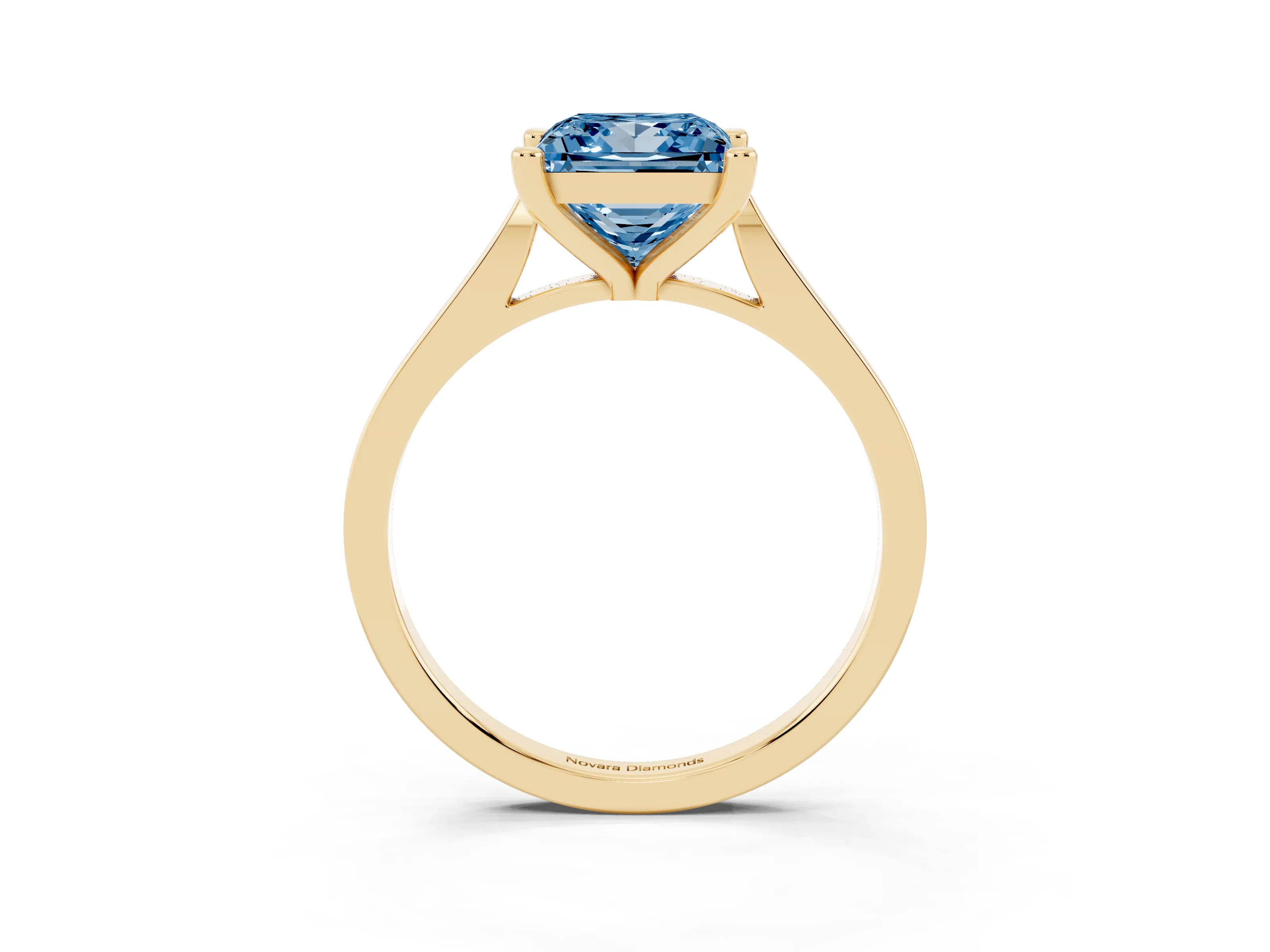 Fancy Blue Princess Cut Diamond Solitaire Ring Set in Yellow gold with Prong Setting and Tapered Band