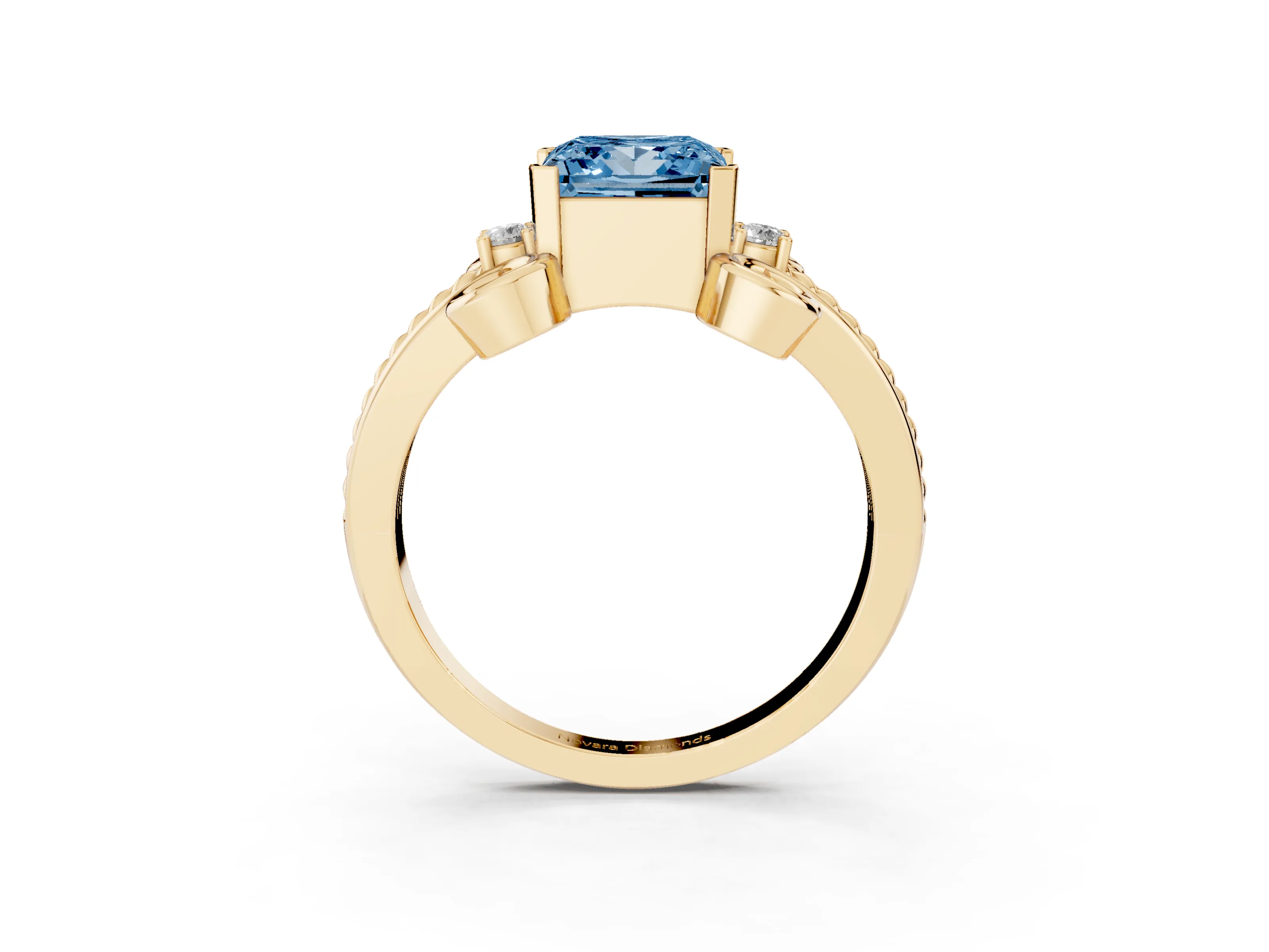 Fancy Blue Princess Cut Diamond Twisted Band Solitaire Ring Set in Yellow gold with Scroll Prongs