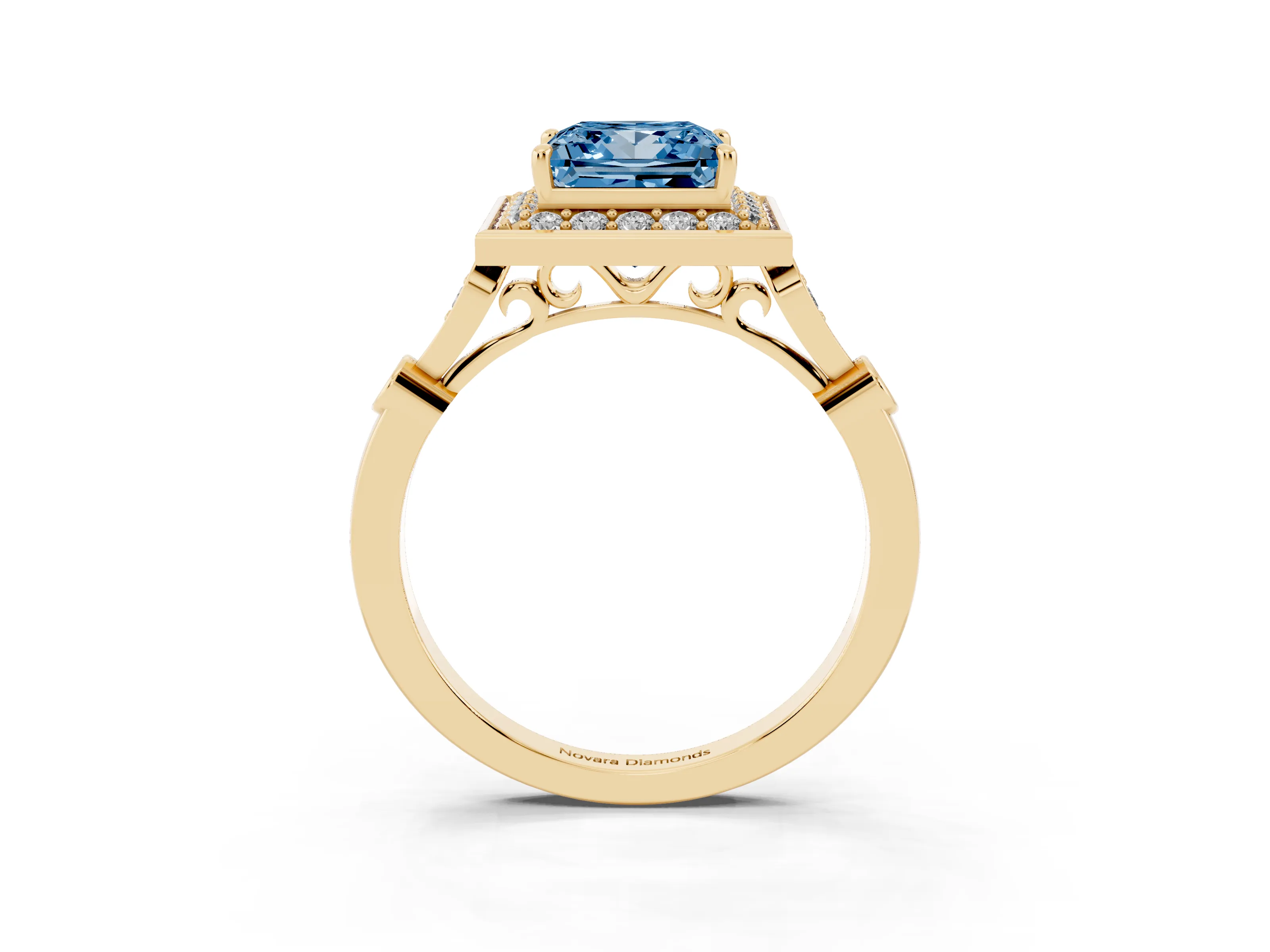 Fancy Blue Princess Cut Diamond Halo Engagement Ring Set in Yellow gold with Twisted Band and Prong Setting