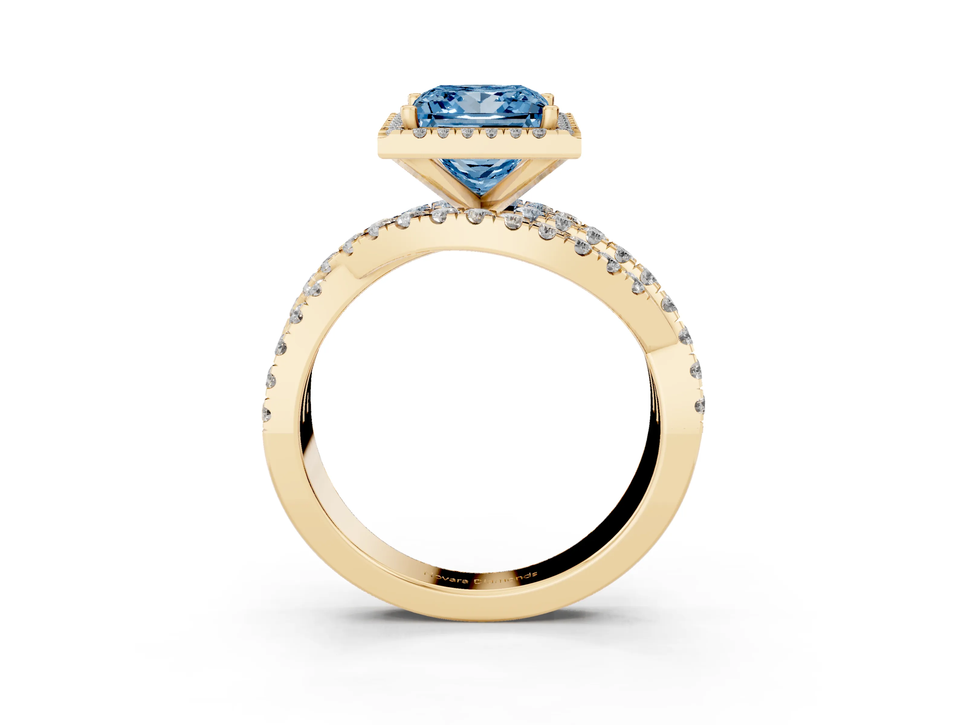 Fancy Blue Princess Cut Diamond Halo Ring Set in Yellow gold with Round Crossover Split Shank and Prong Setting