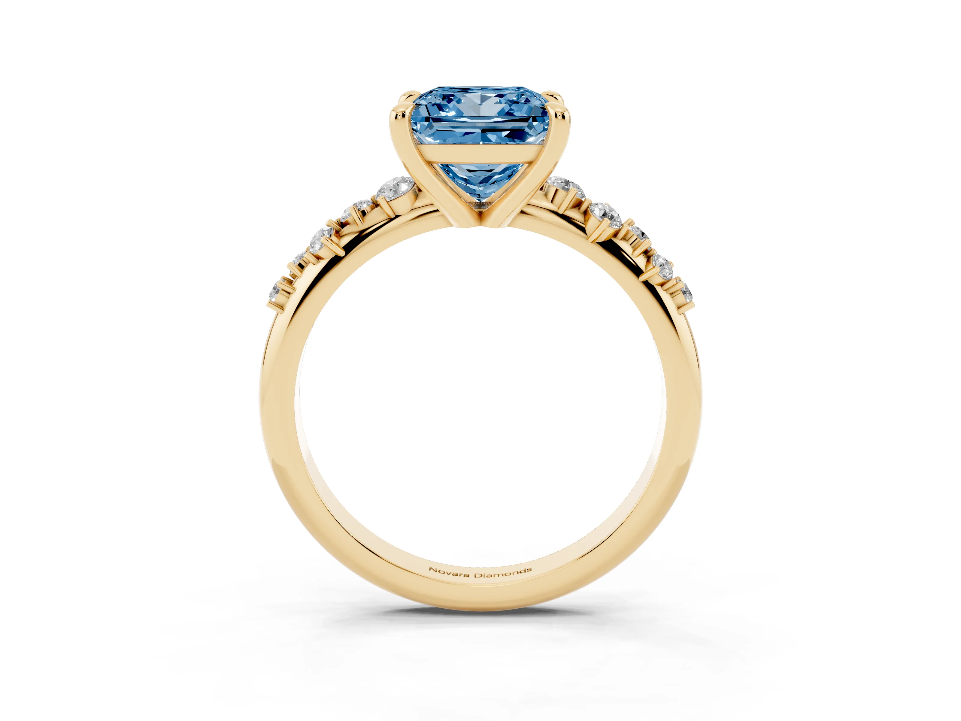 Fancy Blue Princess Cut Diamond Solitaire Vine Band Ring Set in Yellow gold with Round Accents and Prong Setting