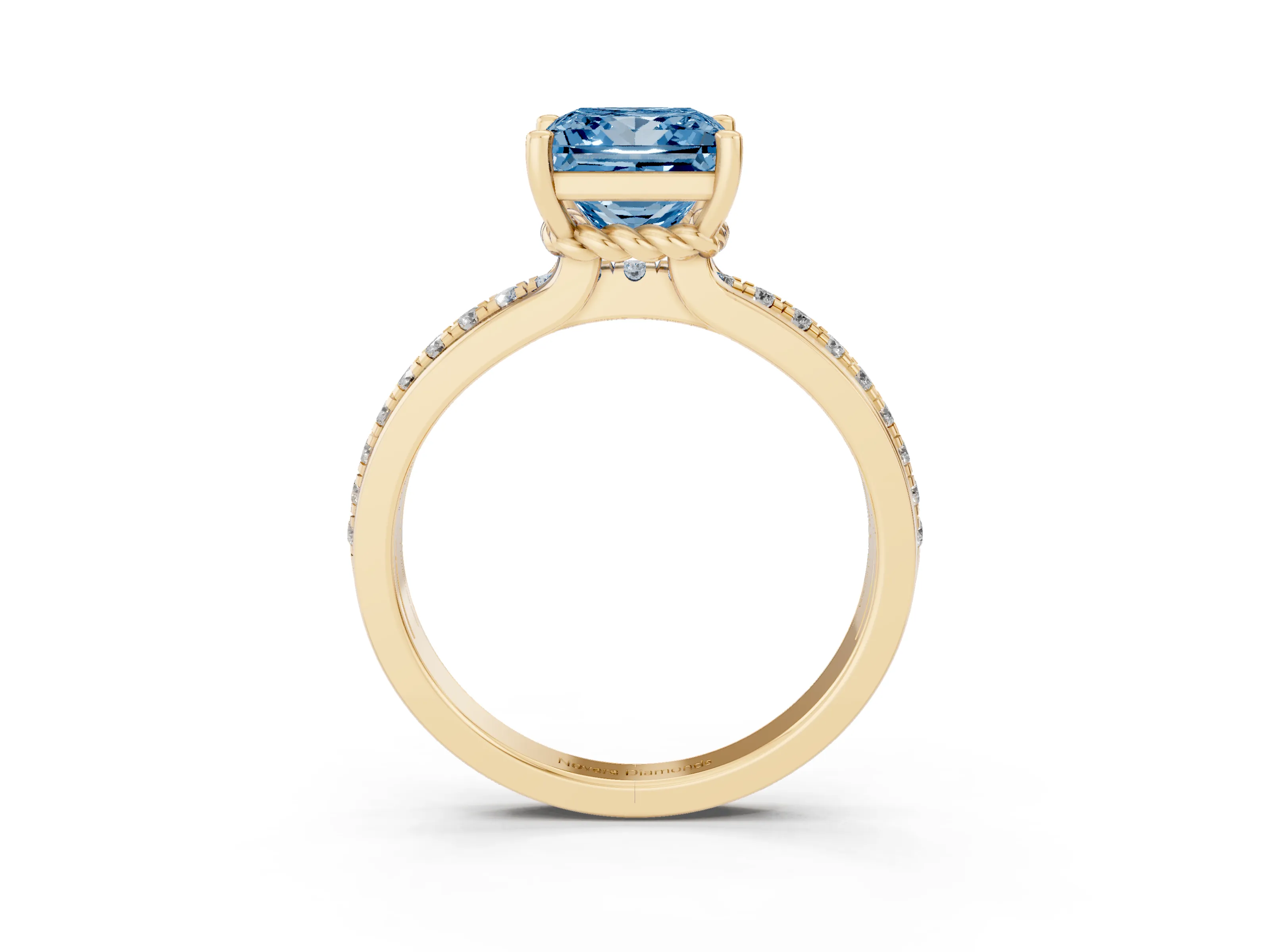 Fancy Blue Princess Cut Diamond Solitaire Ring Set in Yellow gold with Channel Set Band and Prong Setting