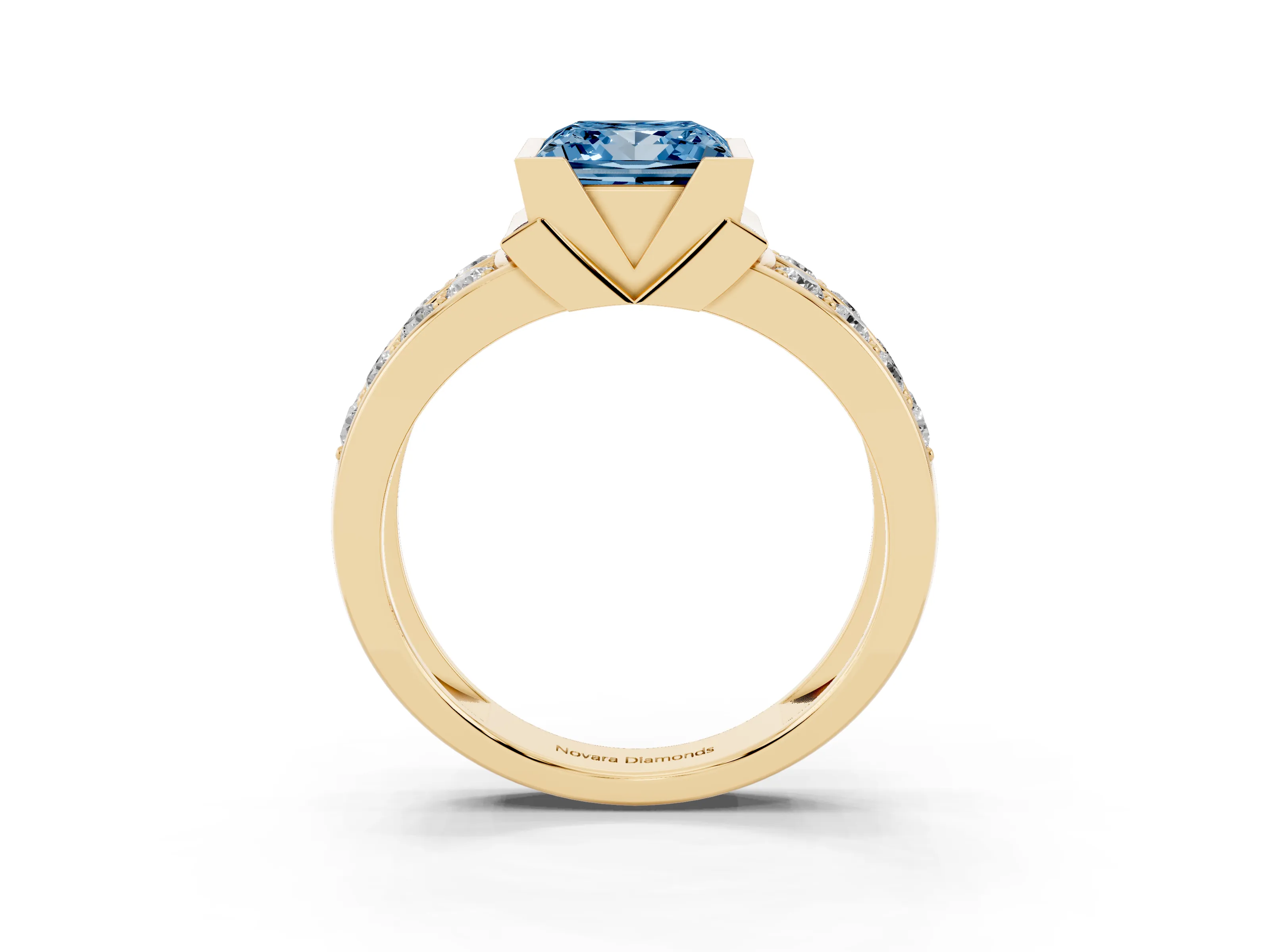 Fancy Blue Princess Cut Diamond Wide Channel Set Band Ring Set in Yellow gold with Bezel Setting