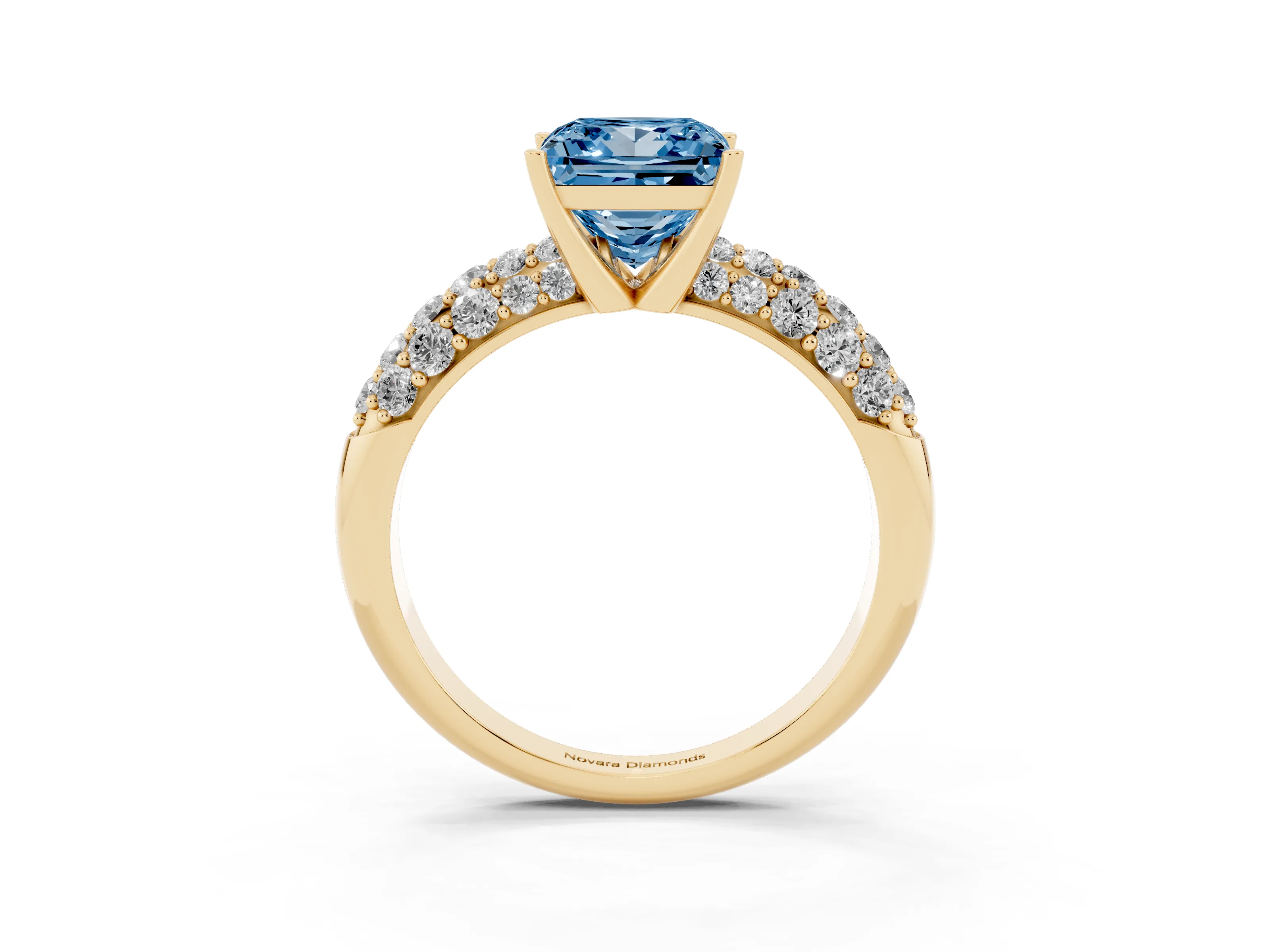 Fancy Blue Princess Cut Diamond Pavé Band Solitaire Ring Set in Yellow gold with Close-Set Accent Stones and Prong Setting