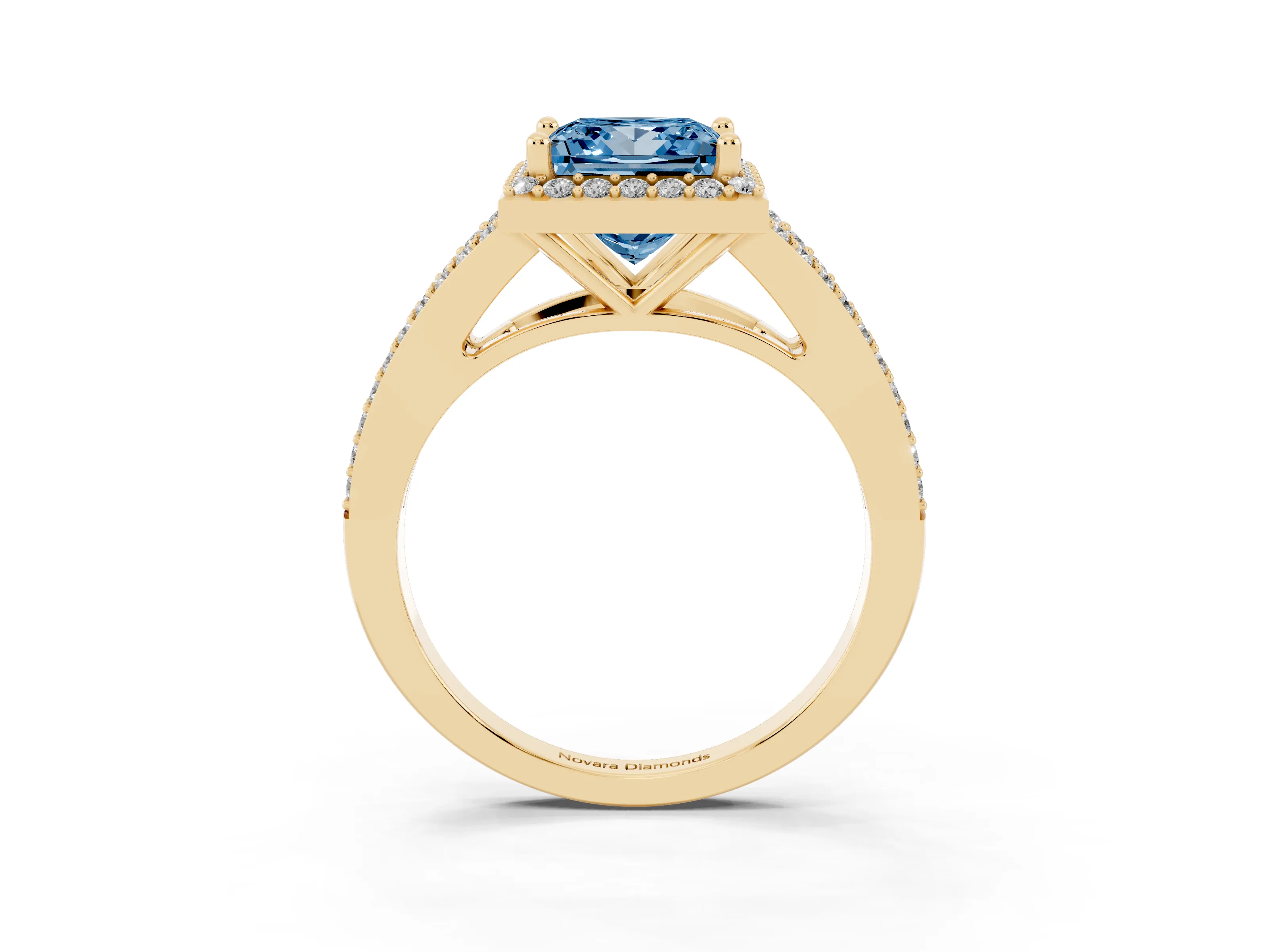 Fancy Blue Princess Cut Diamond Halo Split Shank Pavé Ring Set in Yellow gold with Prong Setting