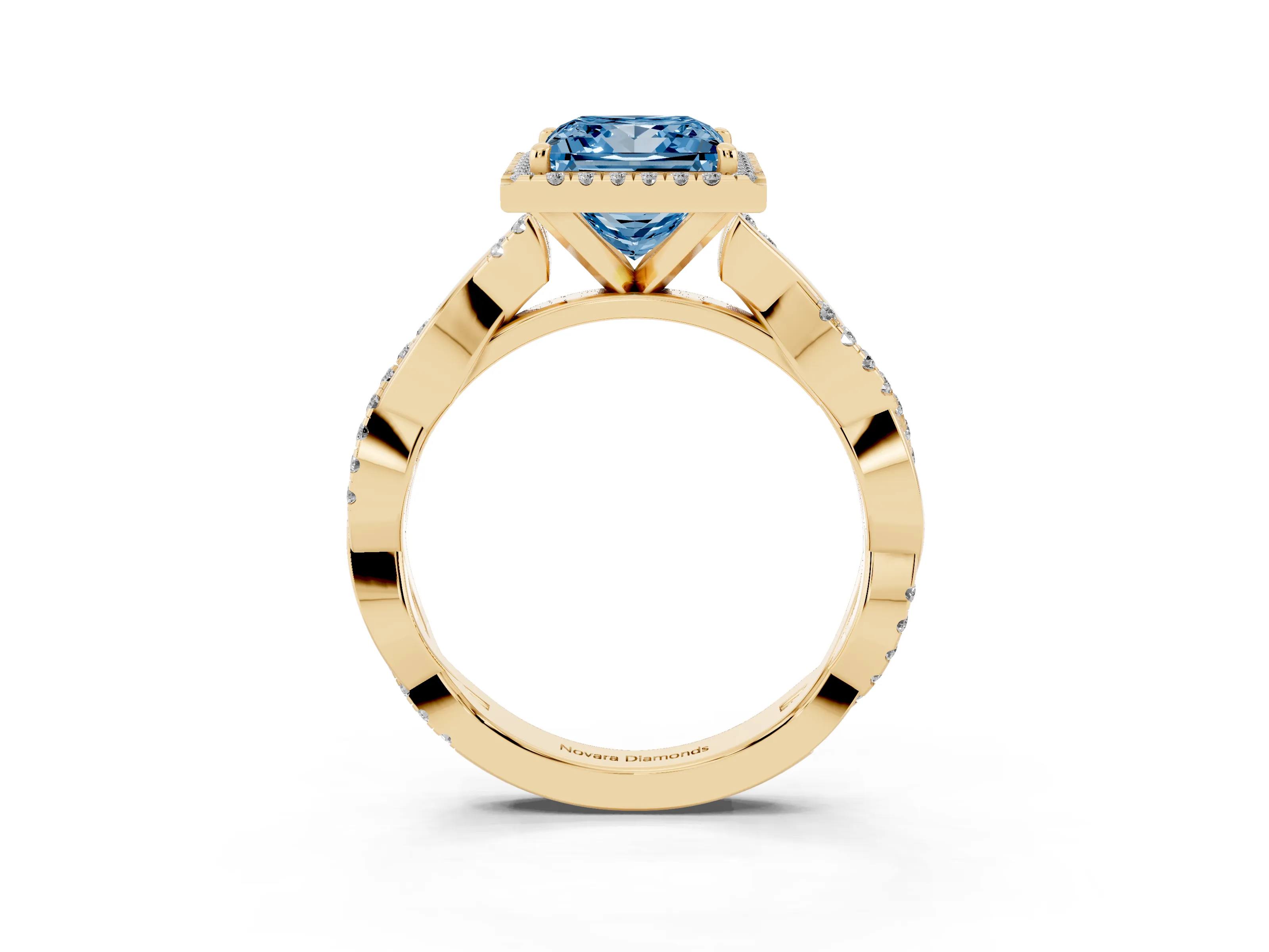 Fancy Blue Princess Cut Diamond Halo Twisted Band Ring Set in Yellow gold with Prong Setting
