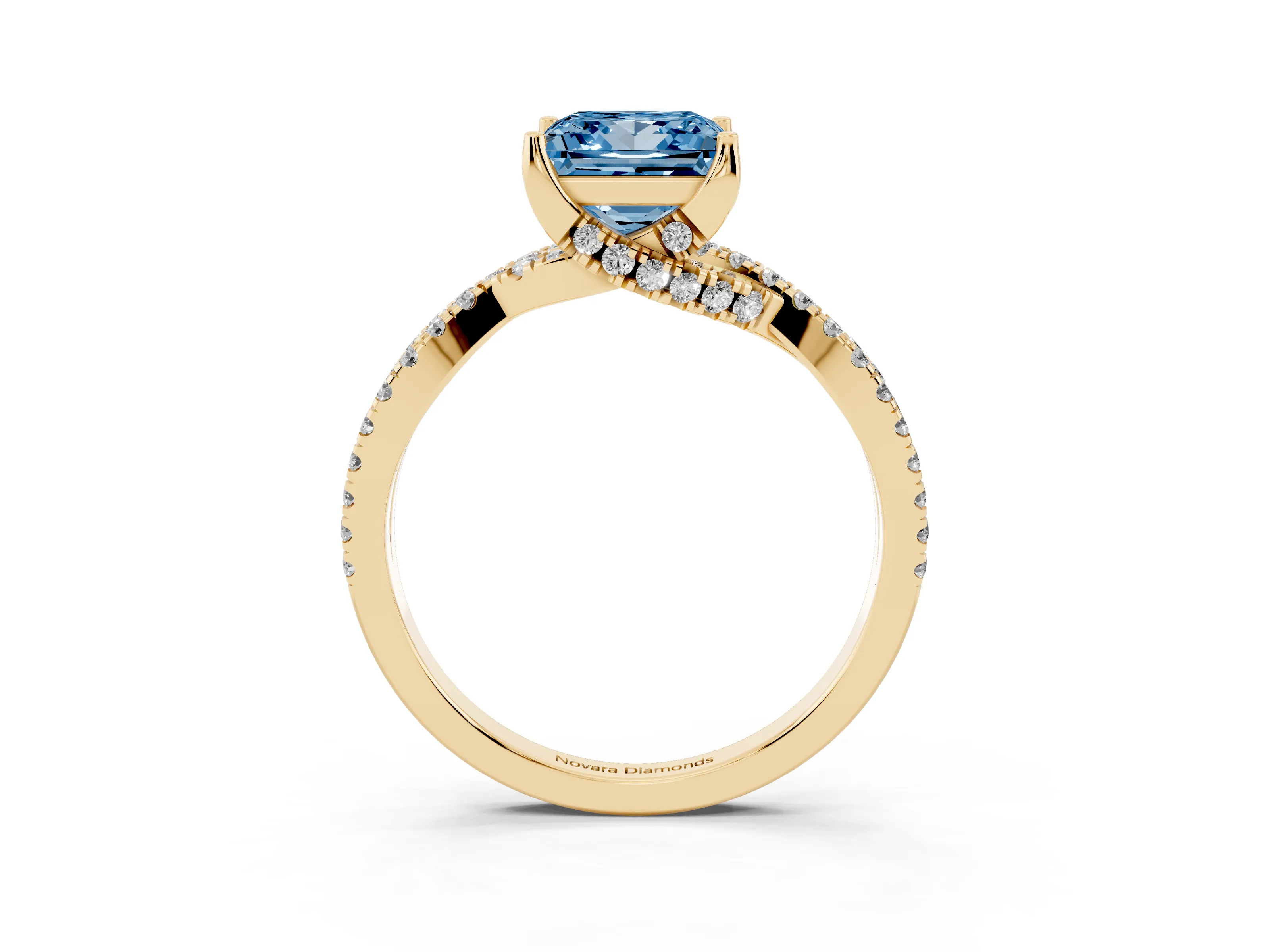 Fancy Blue Princess Cut Diamond Twist Pavé Solitaire Engagement Ring Set in Yellow gold with Prong Setting