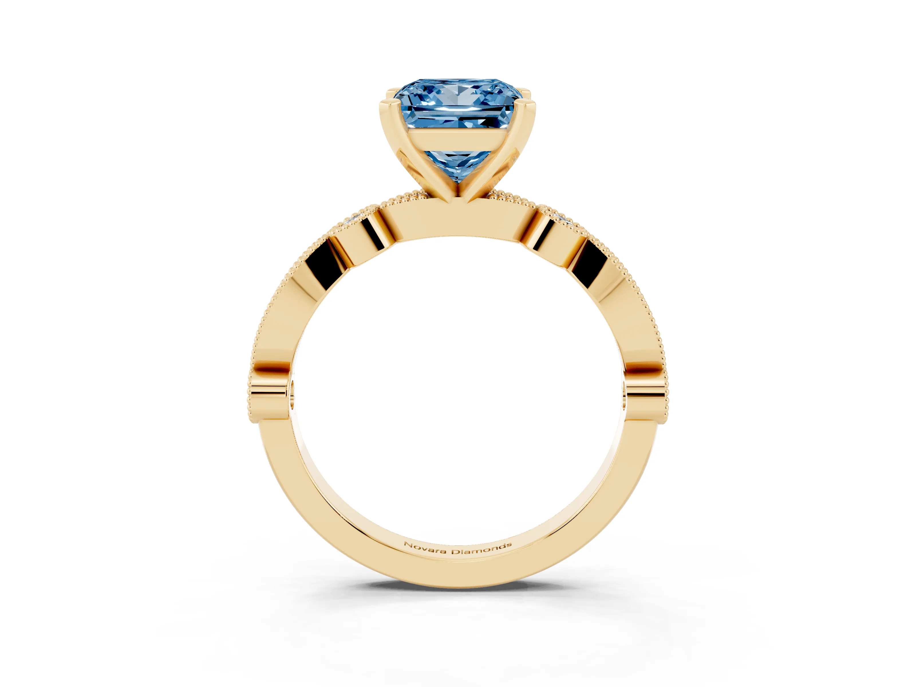 Fancy Blue Princess Cut Diamond Solitaire Engagement Ring Set in Yellow gold with Milgrain Bezel Accent Band