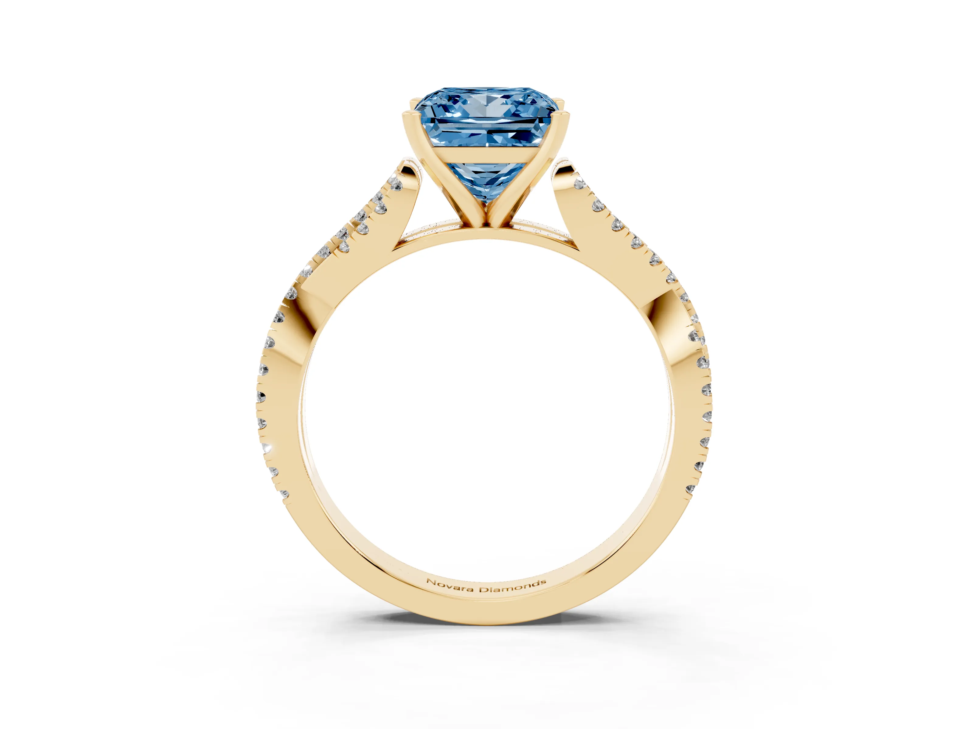 Fancy Blue Princess Cut Diamond Solitaire Engagement Ring Set in Yellow gold with Twisted Pavé Band and Prong Setting