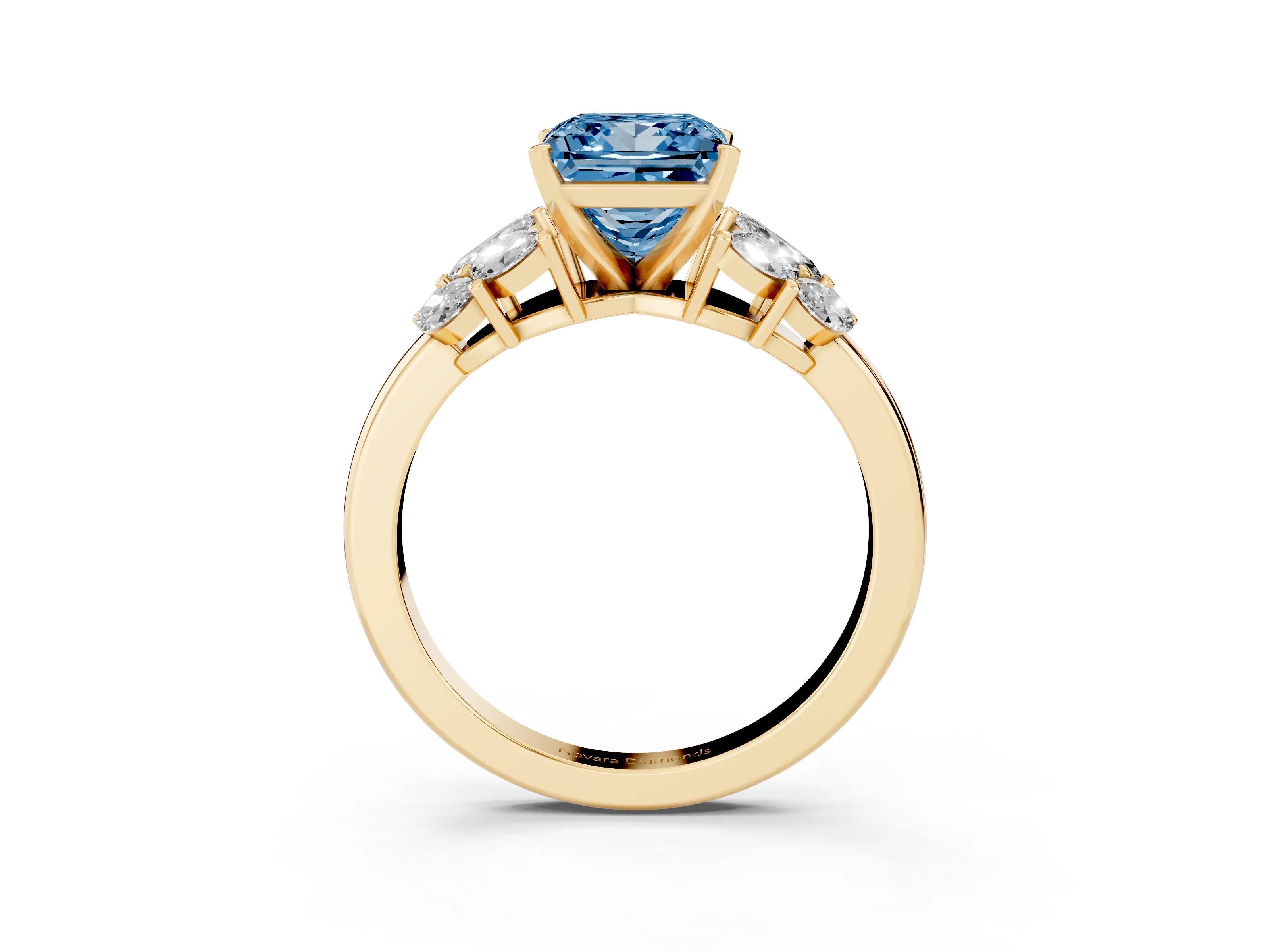 Fancy Blue Princess Cut Diamond Cluster Leaf Design Ring Set in Yellow gold with Prong Setting
