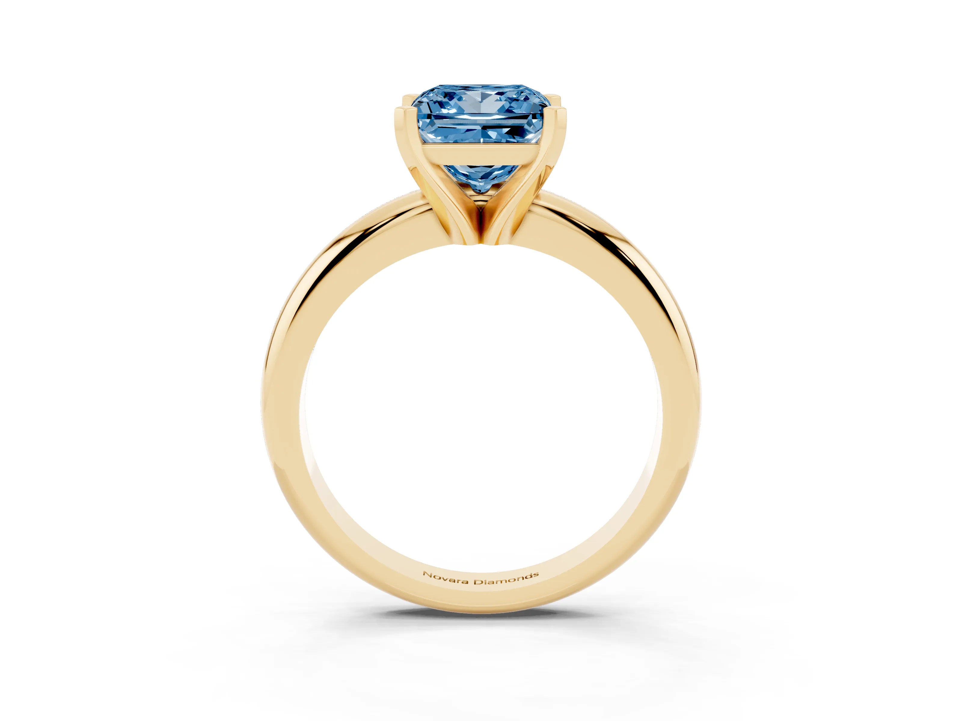 Fancy Blue Princess Cut Diamond Solitaire Engagement Ring Set in Yellow gold with Round Band and Prong Setting