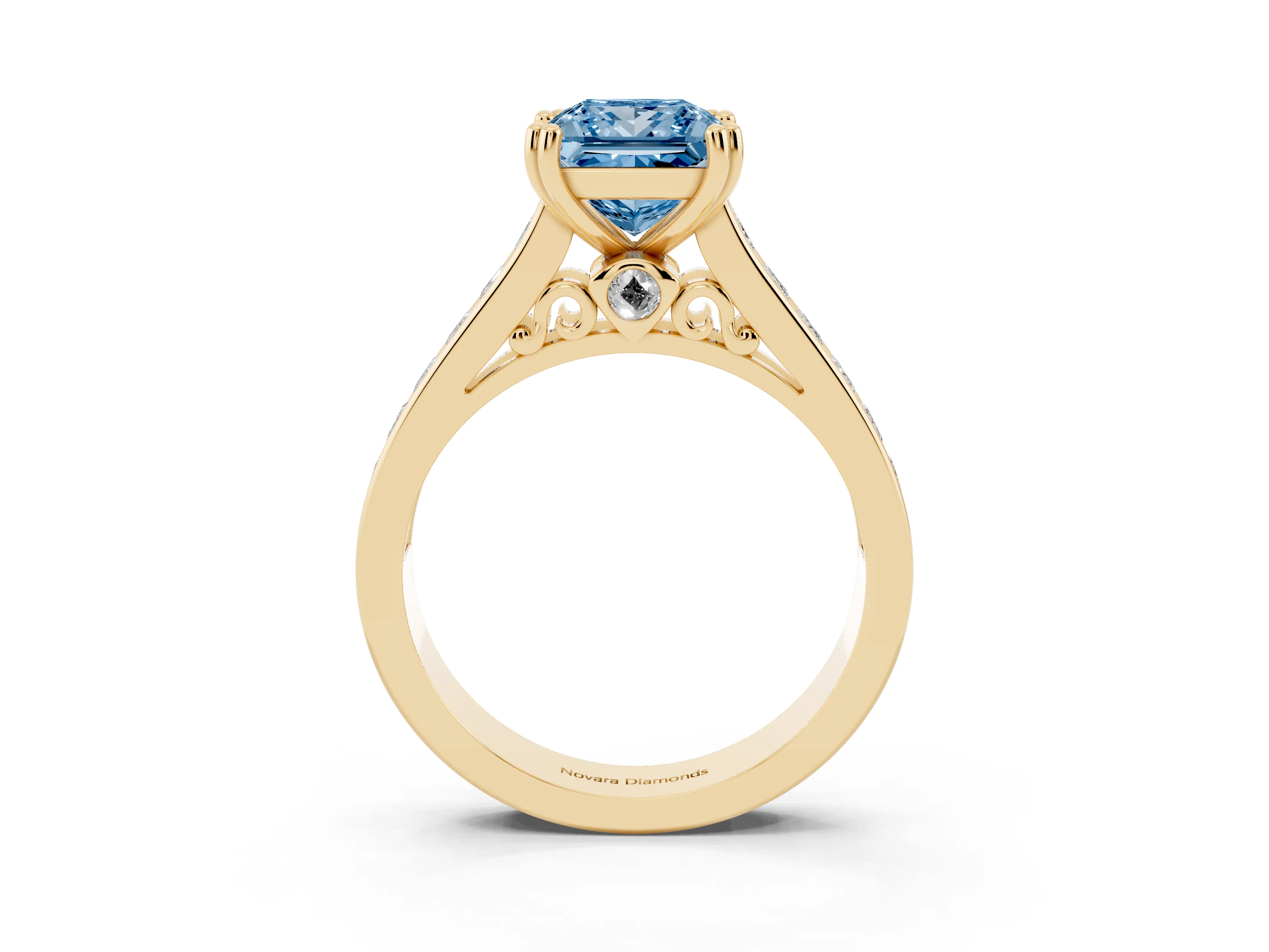 Fancy Blue Princess Cut Diamond Channel Set Solitaire Engagement Ring Set in Yellow gold with Prong Setting