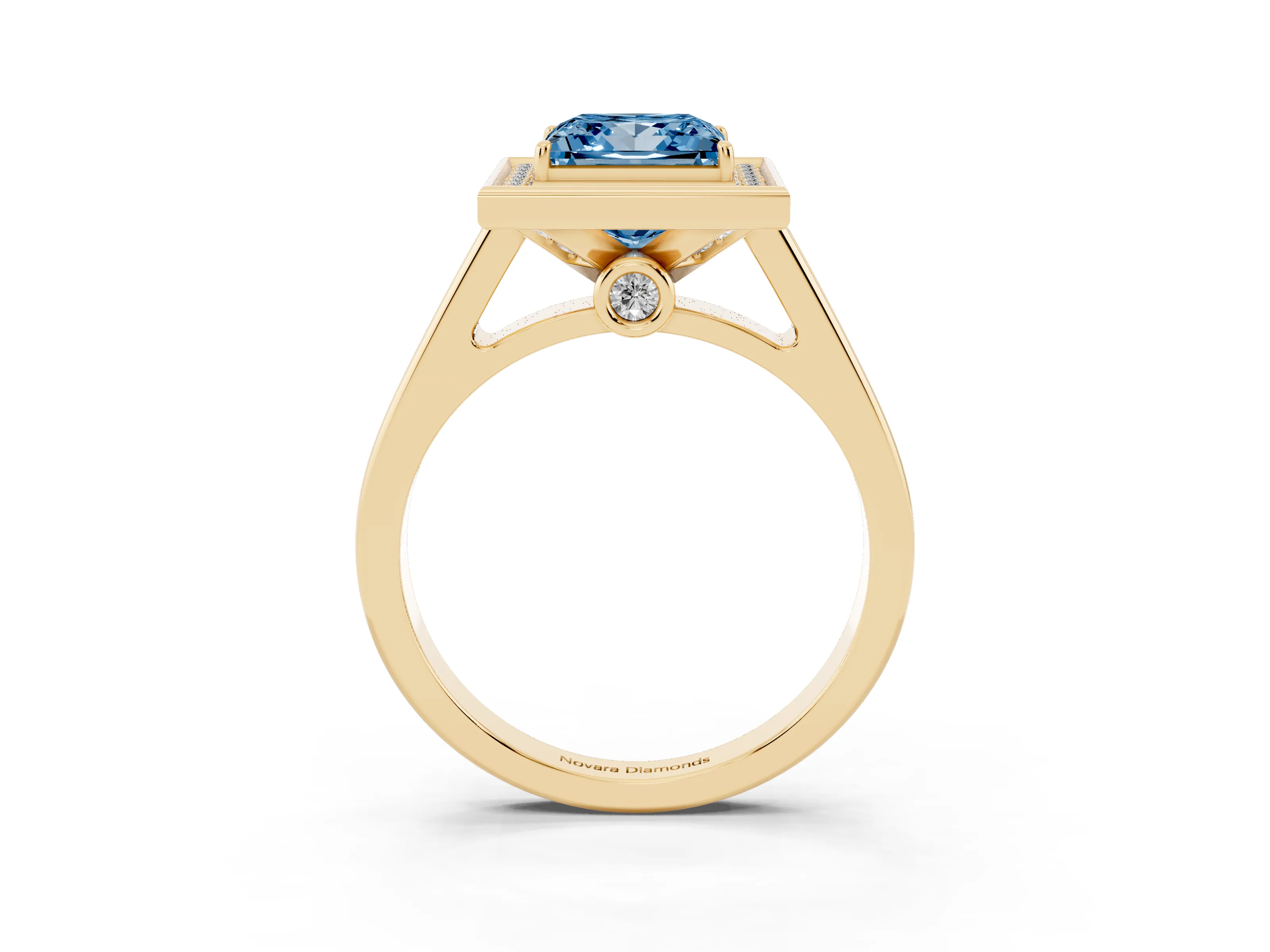 Fancy Blue Princess Cut Diamond Halo Solitaire Ring Set in Yellow gold with Pavé Band and Bezel Setting
