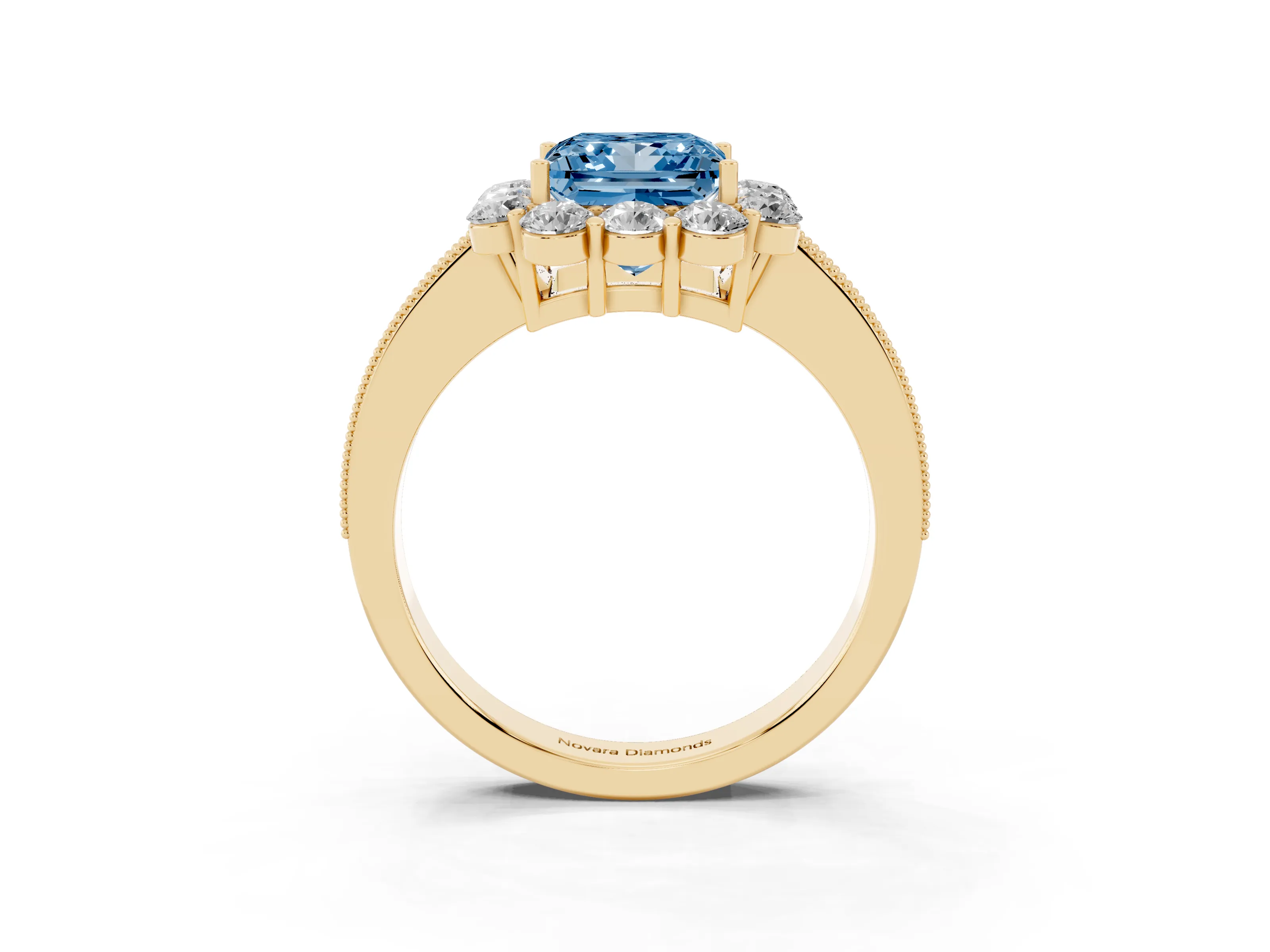 Fancy Blue Princess Cut Diamond Halo Pavé Engagement Ring Set in Yellow gold with Milgrain Detailing