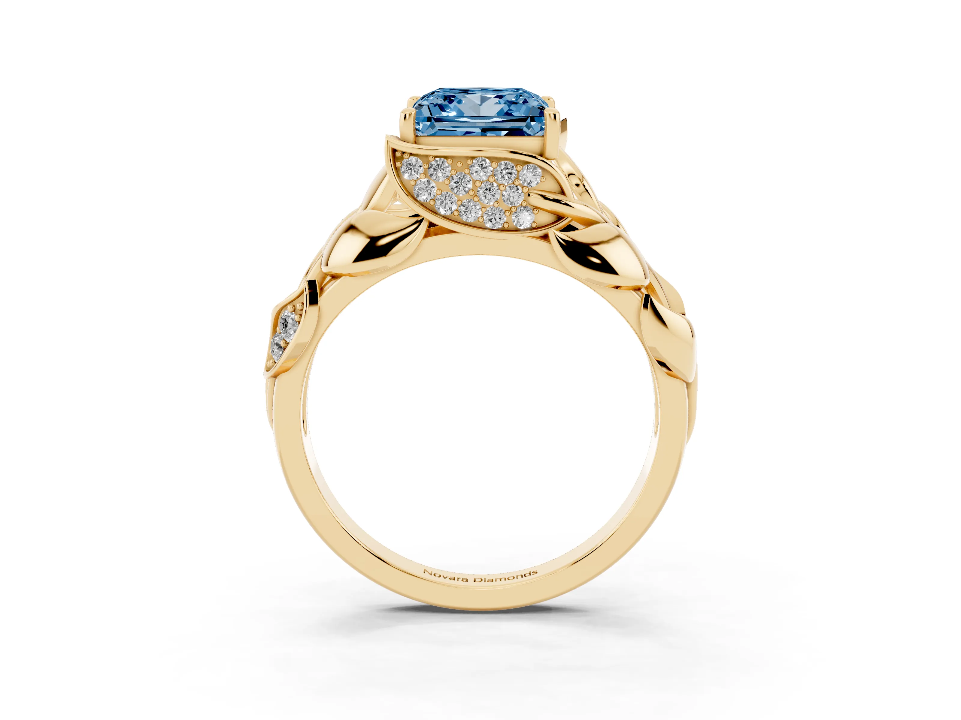 Fancy Blue Princess Cut Diamond Leaf-Inspired Engagement Ring Set in Yellow gold with Round Accents