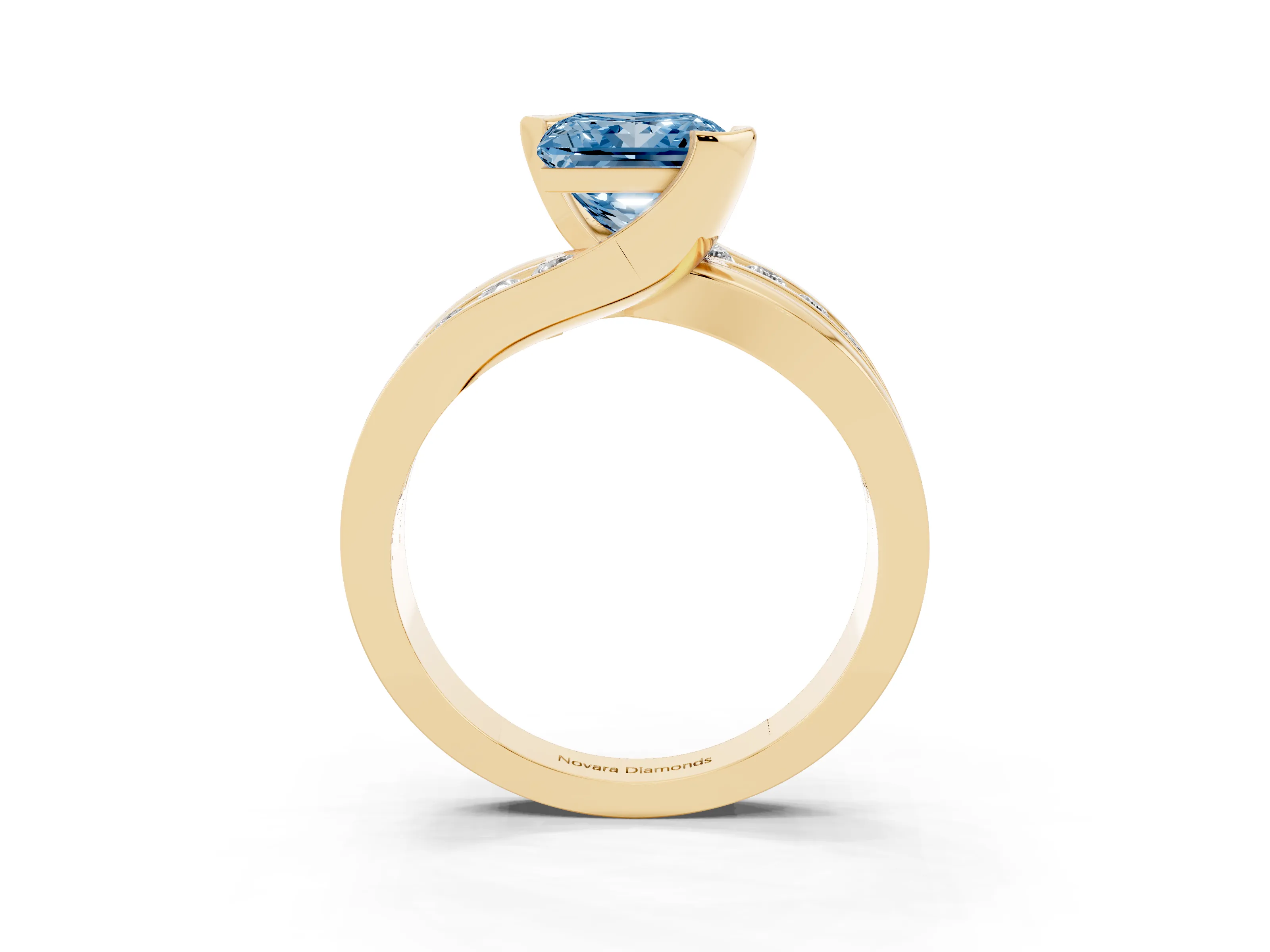 Fancy Blue Princess Cut Diamond Solitaire Ring Set in Yellow gold with Channel Set Split Shank and Tension Prongs