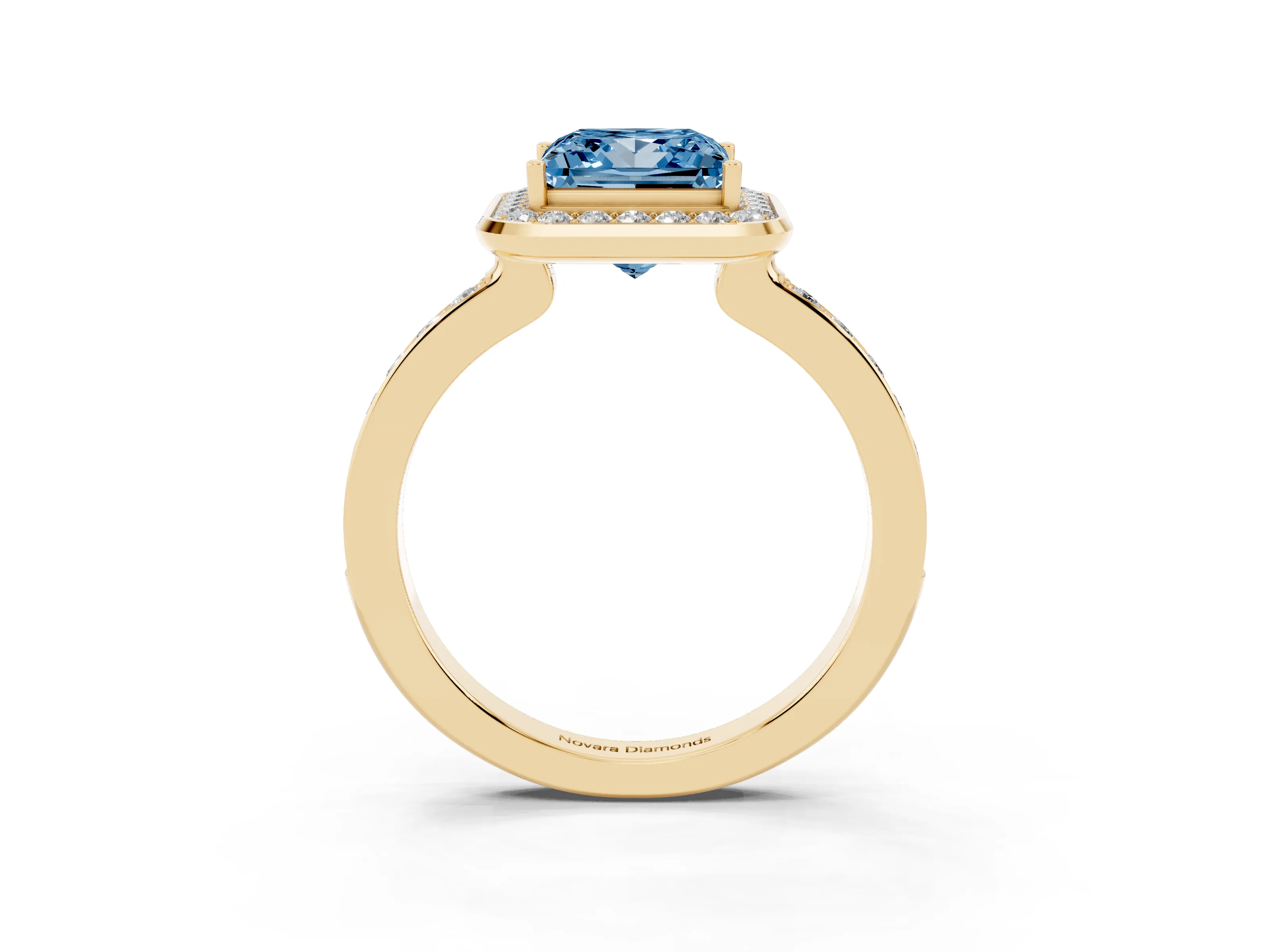 Fancy Blue Princess Cut Diamond Halo Ring Set in Yellow gold with Bezel Frame and Pavé Band